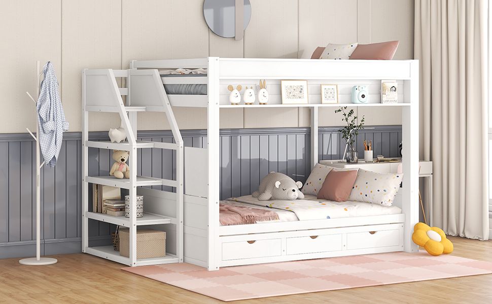 Full Size Wood Convertible Bunk Bed with Storage Staircase, Bedside Table, and 3 Drawers Gray | Just Better Bunk Beds