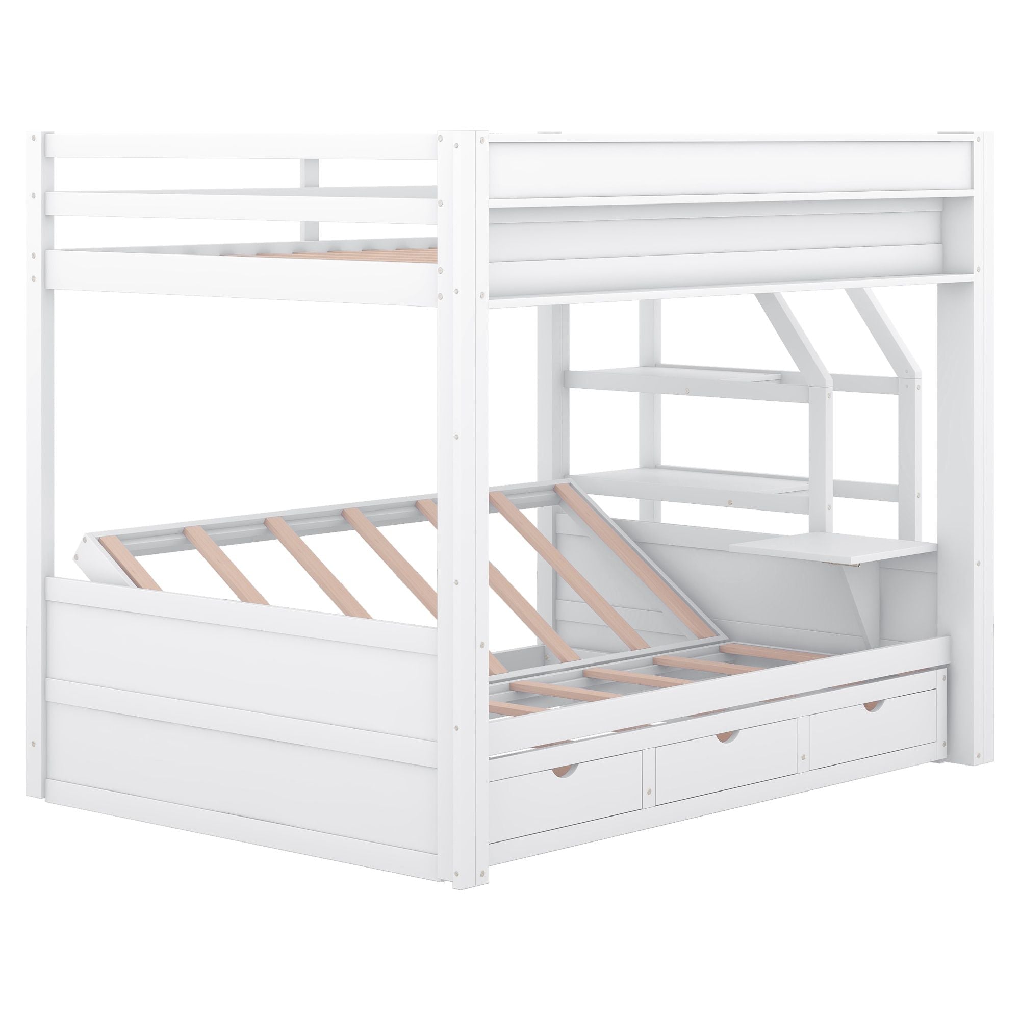 Full Size Wood Convertible Bunk Bed with Storage Staircase, Bedside Table, and 3 Drawers Gray | Just Better Bunk Beds
