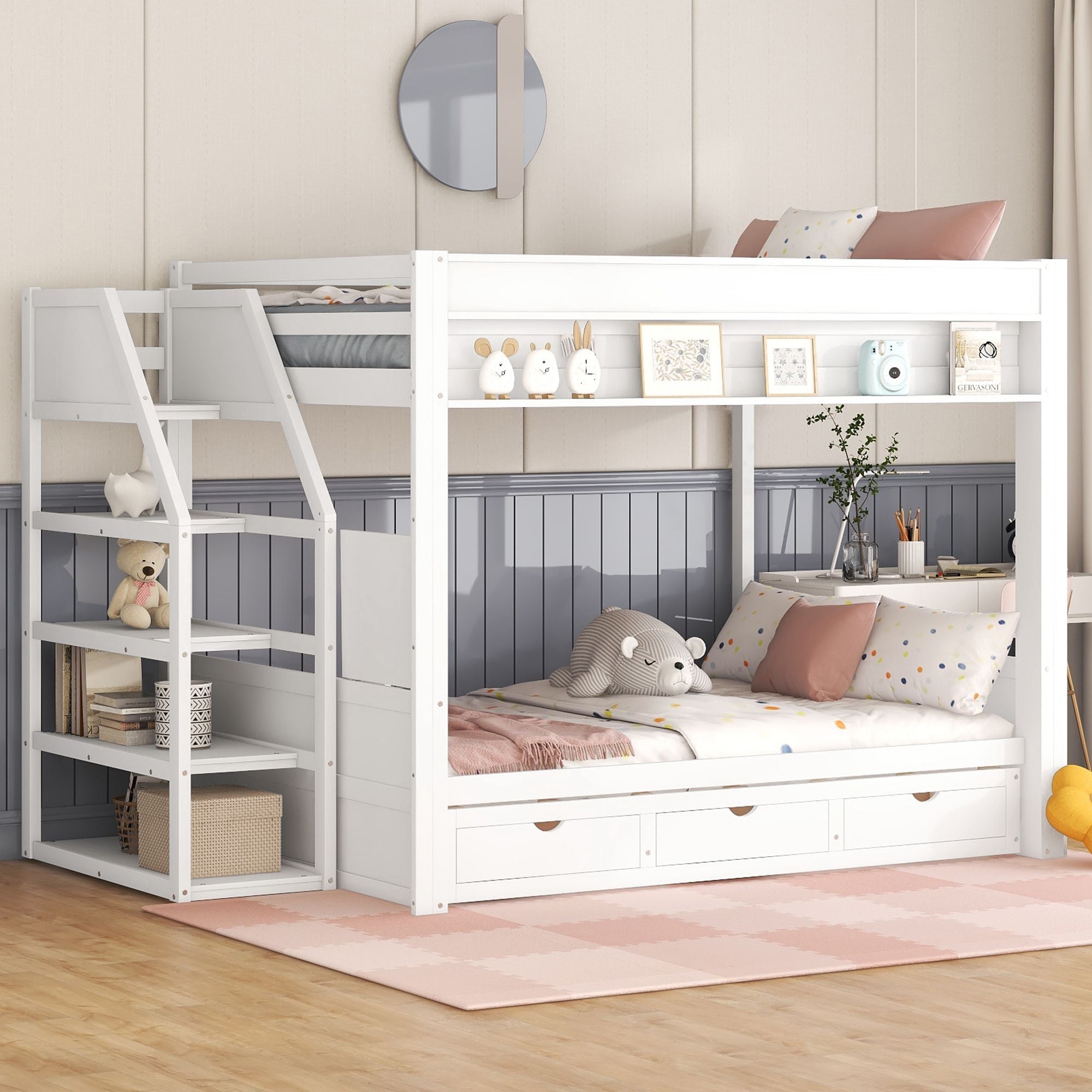 Full Size Wood Convertible Bunk Bed with Storage Staircase, Bedside Table, and 3 Drawers Gray | Just Better Bunk Beds