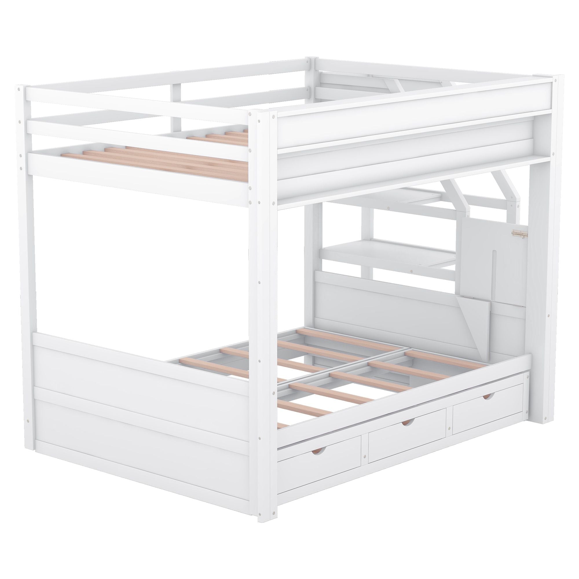 Full Size Wood Convertible Bunk Bed with Storage Staircase, Bedside Table, and 3 Drawers Gray | Just Better Bunk Beds
