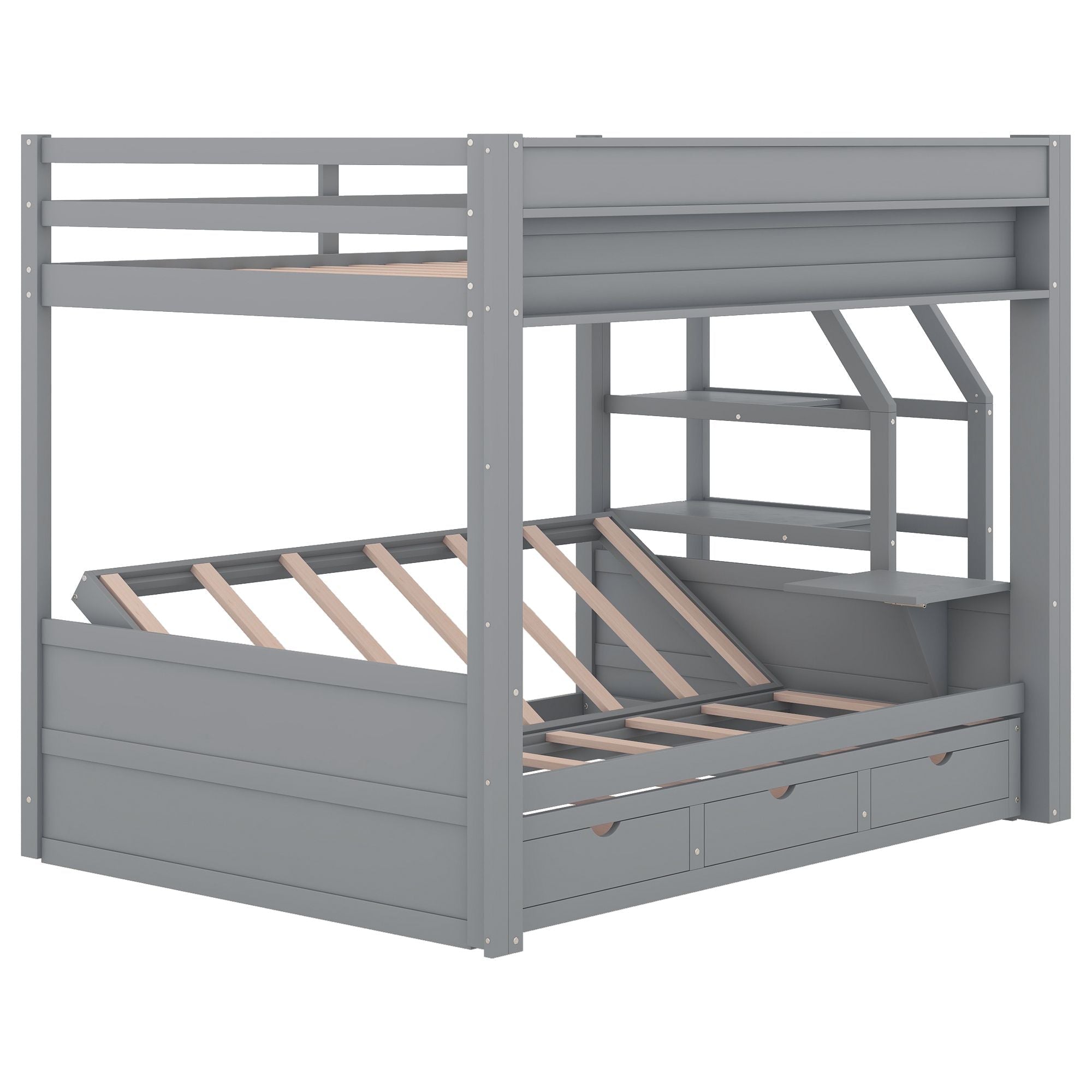 Full Size Wood Convertible Bunk Bed with Storage Staircase, Bedside Table, and 3 Drawers Gray | Just Better Bunk Beds