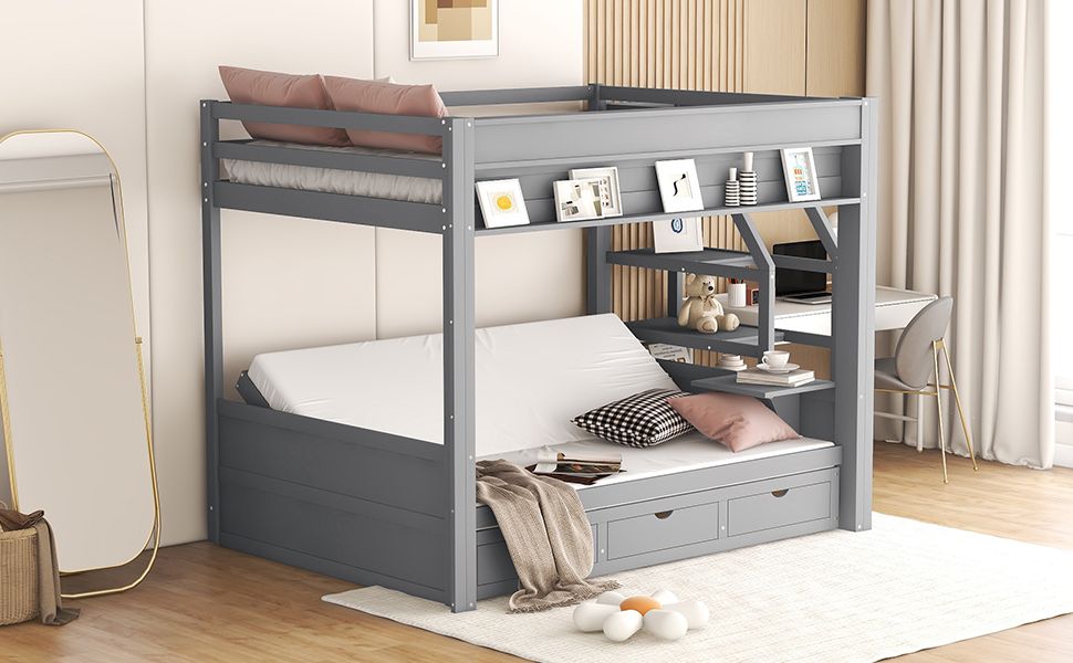 Full Size Wood Convertible Bunk Bed with Storage Staircase, Bedside Table, and 3 Drawers Gray | Just Better Bunk Beds