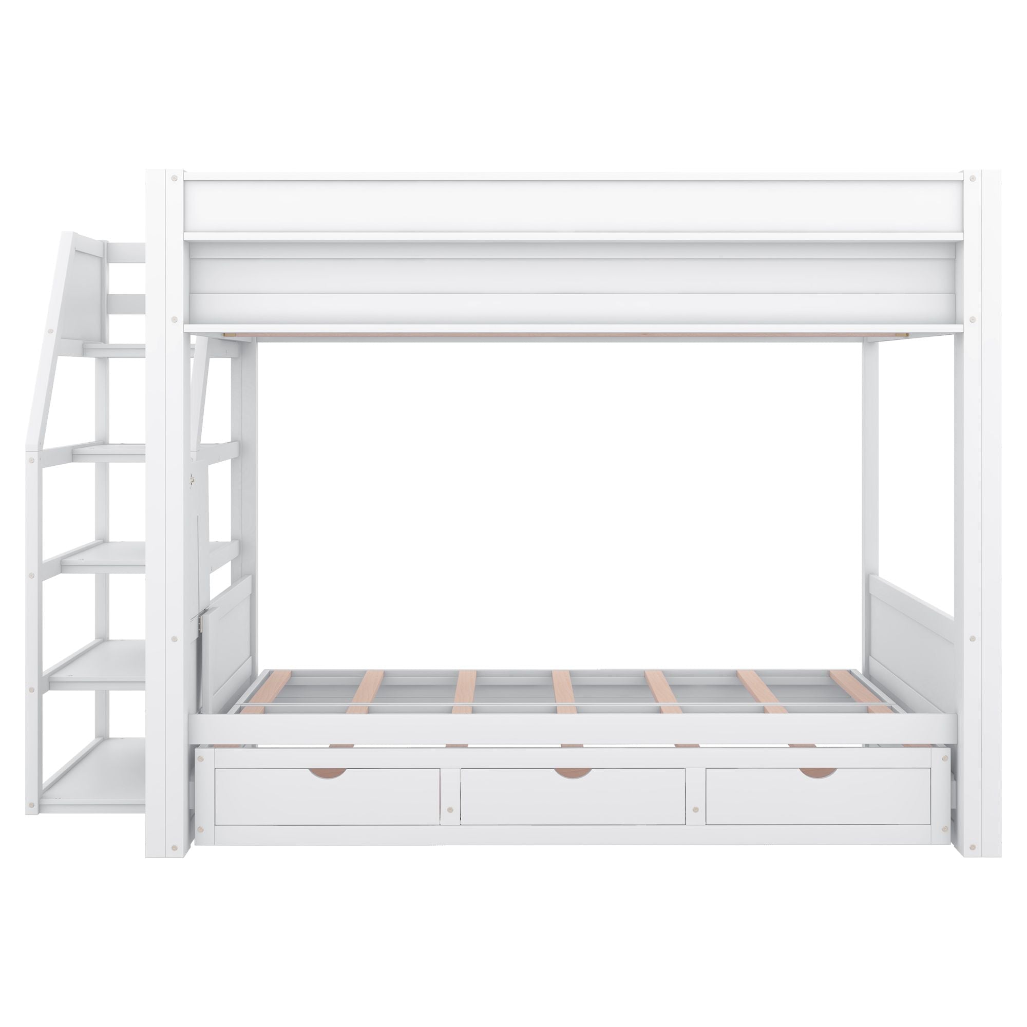 Full Size Wood Convertible Bunk Bed with Storage Staircase, Bedside Table, and 3 Drawers Gray | Just Better Bunk Beds