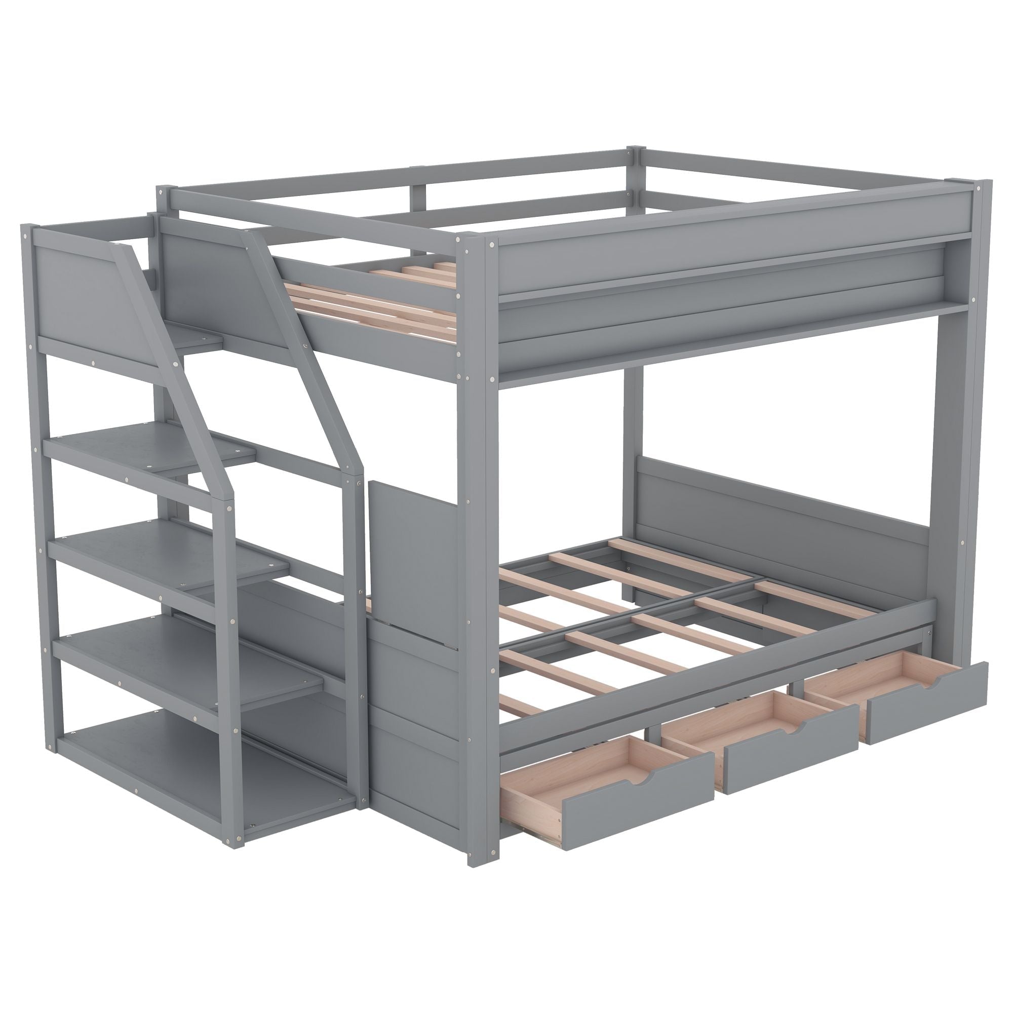 Full Size Wood Convertible Bunk Bed with Storage Staircase, Bedside Table, and 3 Drawers Gray | Just Better Bunk Beds
