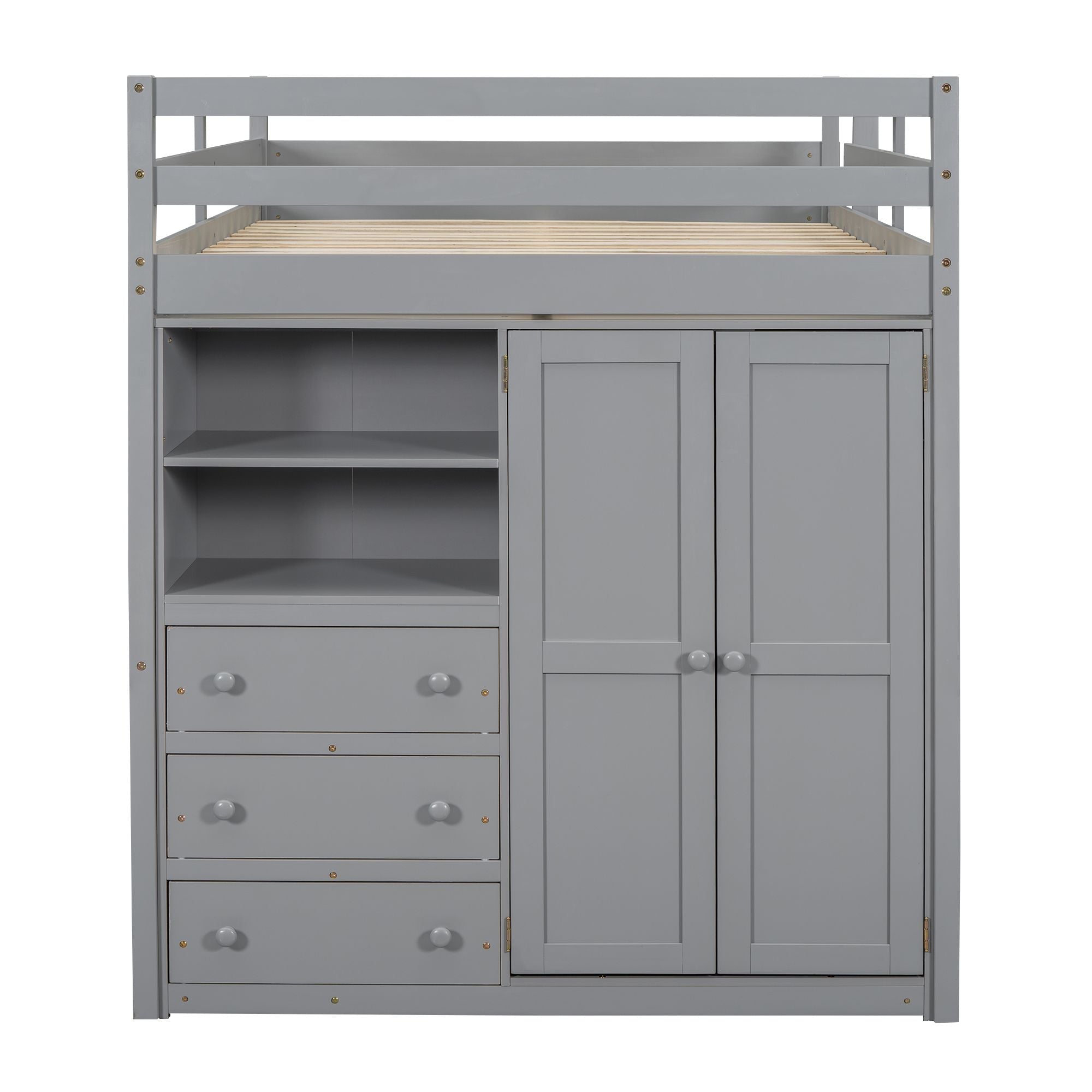Full Size Wood Loft Bed with Built-in Wardrobe, Desk, and Storage, Gray | Just Better Bunk Beds