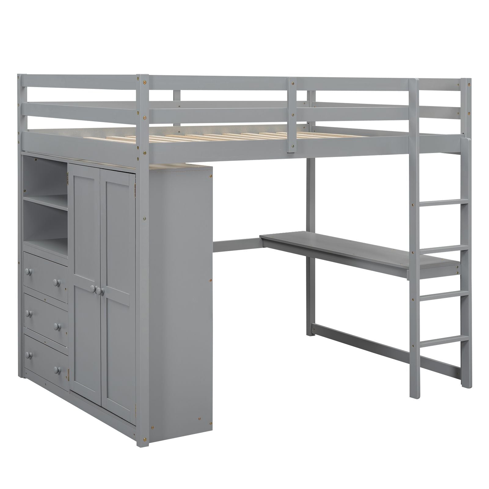 Full Size Wood Loft Bed with Built-in Wardrobe, Desk, and Storage, Gray | Just Better Bunk Beds