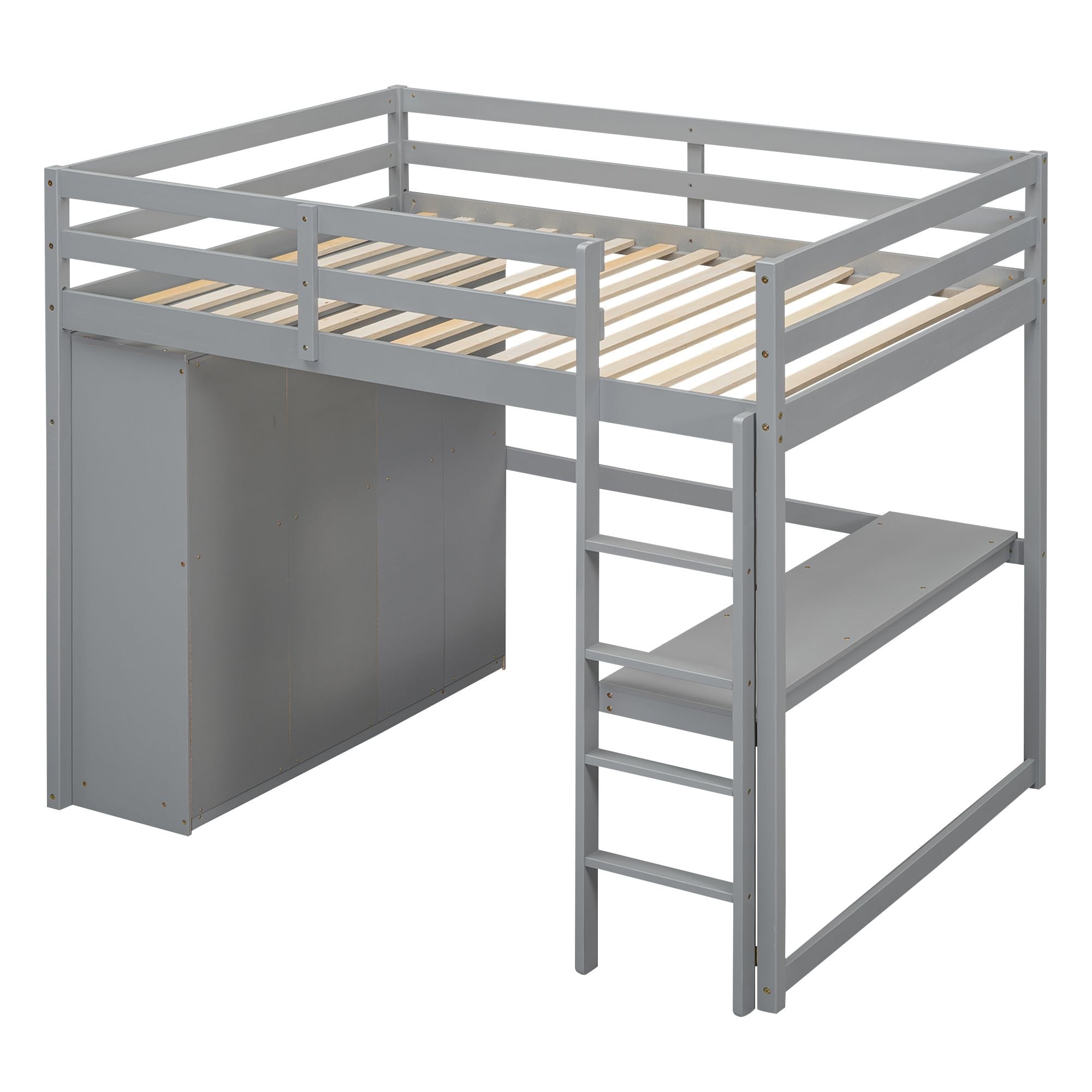 Full Size Wood Loft Bed with Built-in Wardrobe, Desk, and Storage, Gray | Just Better Bunk Beds