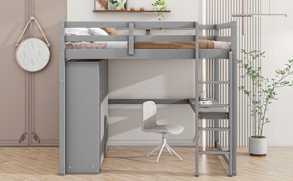 Full Size Wood Loft Bed with Built-in Wardrobe, Desk, and Storage, Gray | Just Better Bunk Beds