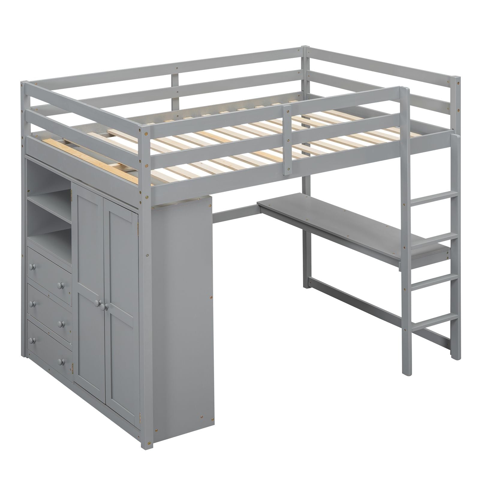 Full Size Wood Loft Bed with Built-in Wardrobe, Desk, and Storage, Gray | Just Better Bunk Beds