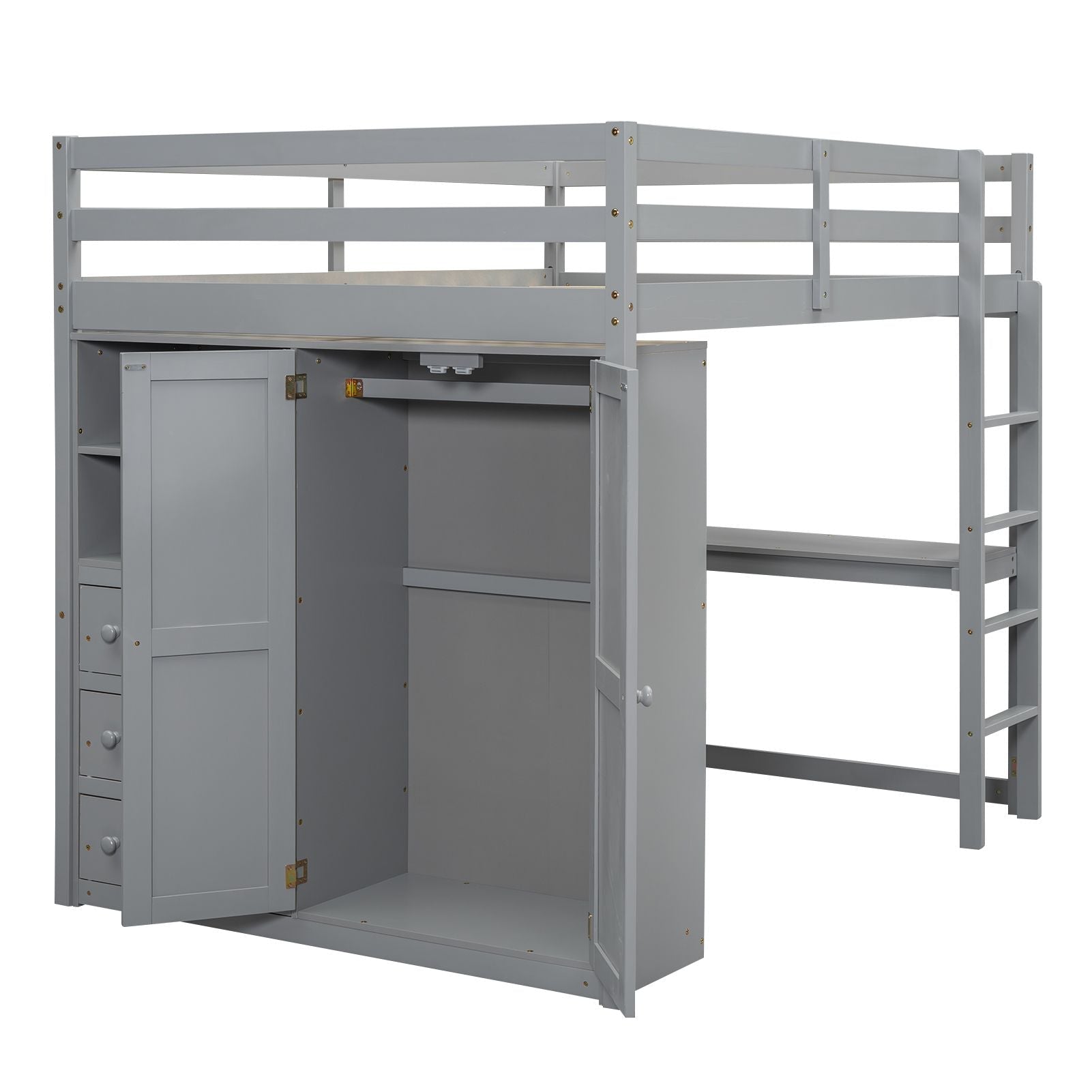 Full Size Wood Loft Bed with Built-in Wardrobe, Desk, and Storage, Gray | Just Better Bunk Beds