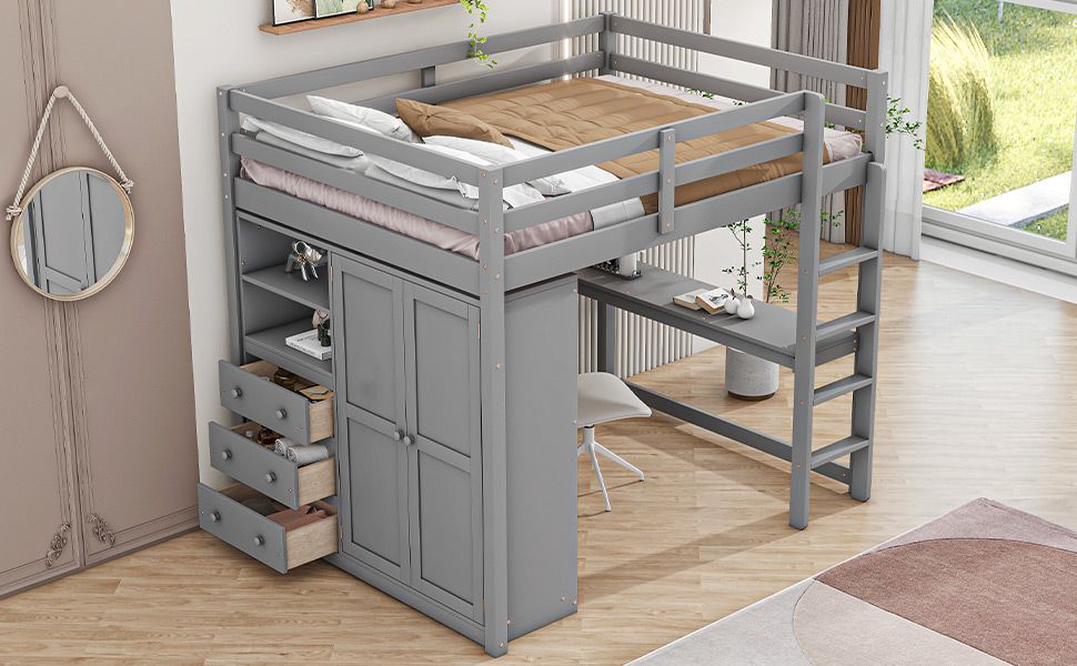 Full Size Wood Loft Bed with Built-in Wardrobe, Desk, and Storage, Gray | Just Better Bunk Beds