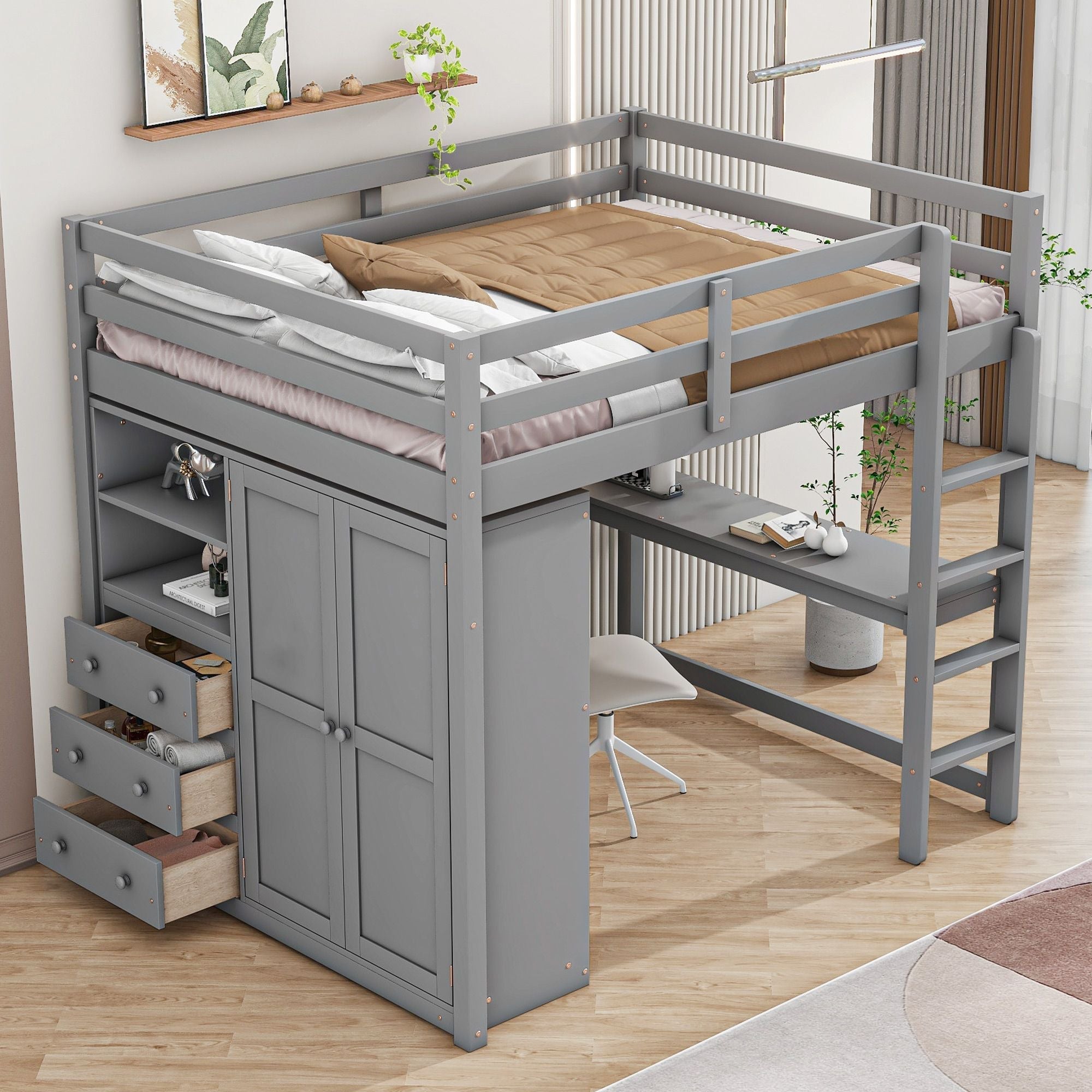 Full Size Wood Loft Bed with Built-in Wardrobe, Desk, and Storage, Gray | Just Better Bunk Beds