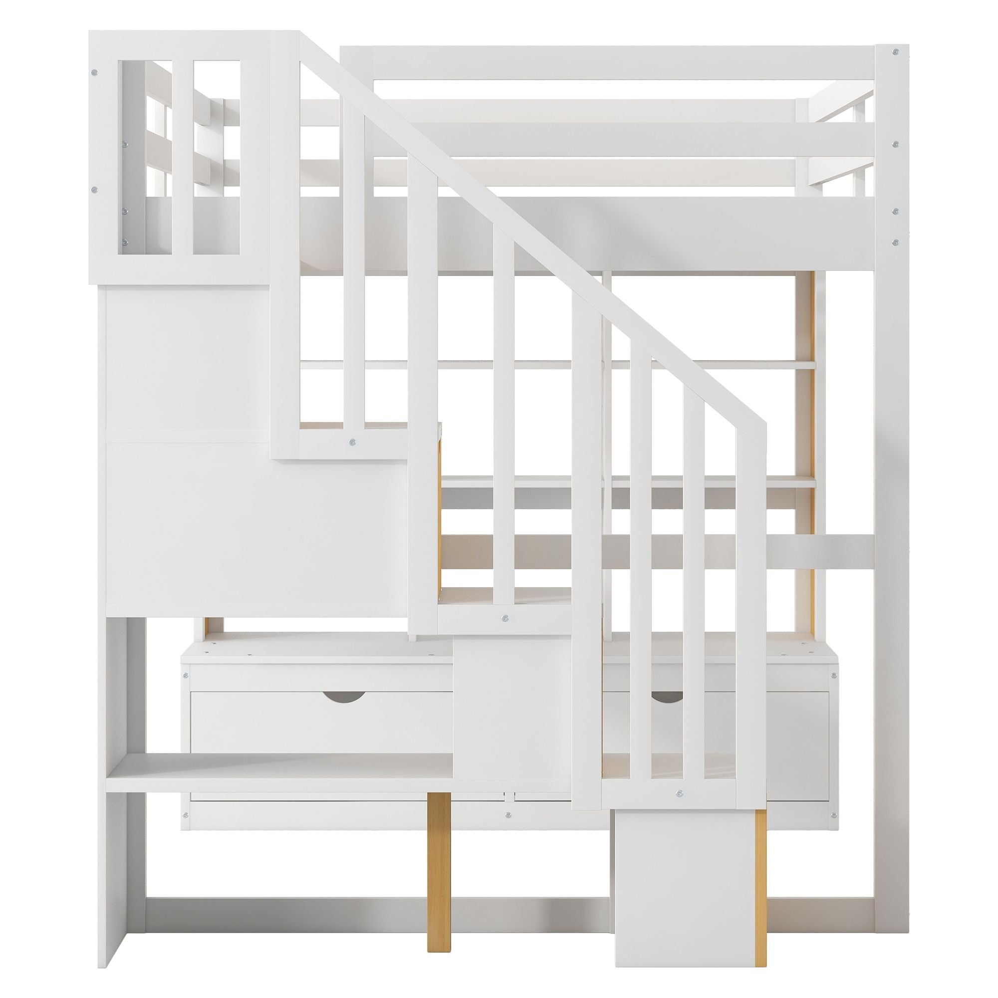 Full-Size Wood Loft Bed with Desk, Shelves, Drawers, Storage Staircase White and Natural | Just Better Bunk Beds