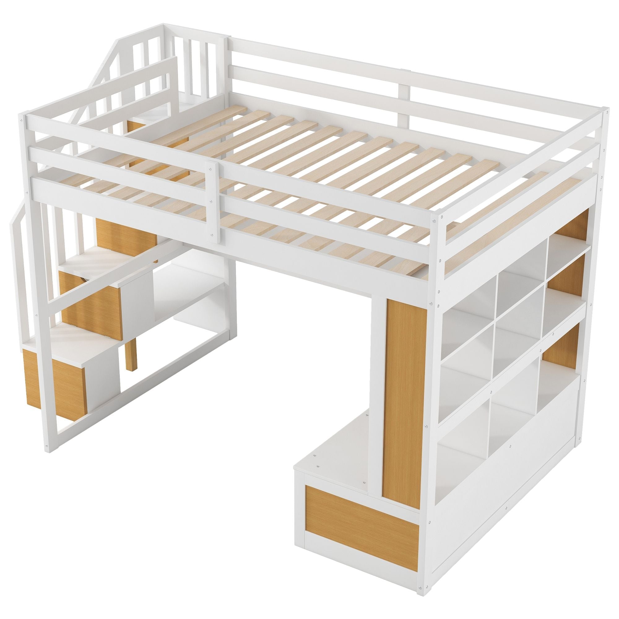 Full-Size Wood Loft Bed with Desk, Shelves, Drawers, Storage Staircase White and Natural | Just Better Bunk Beds