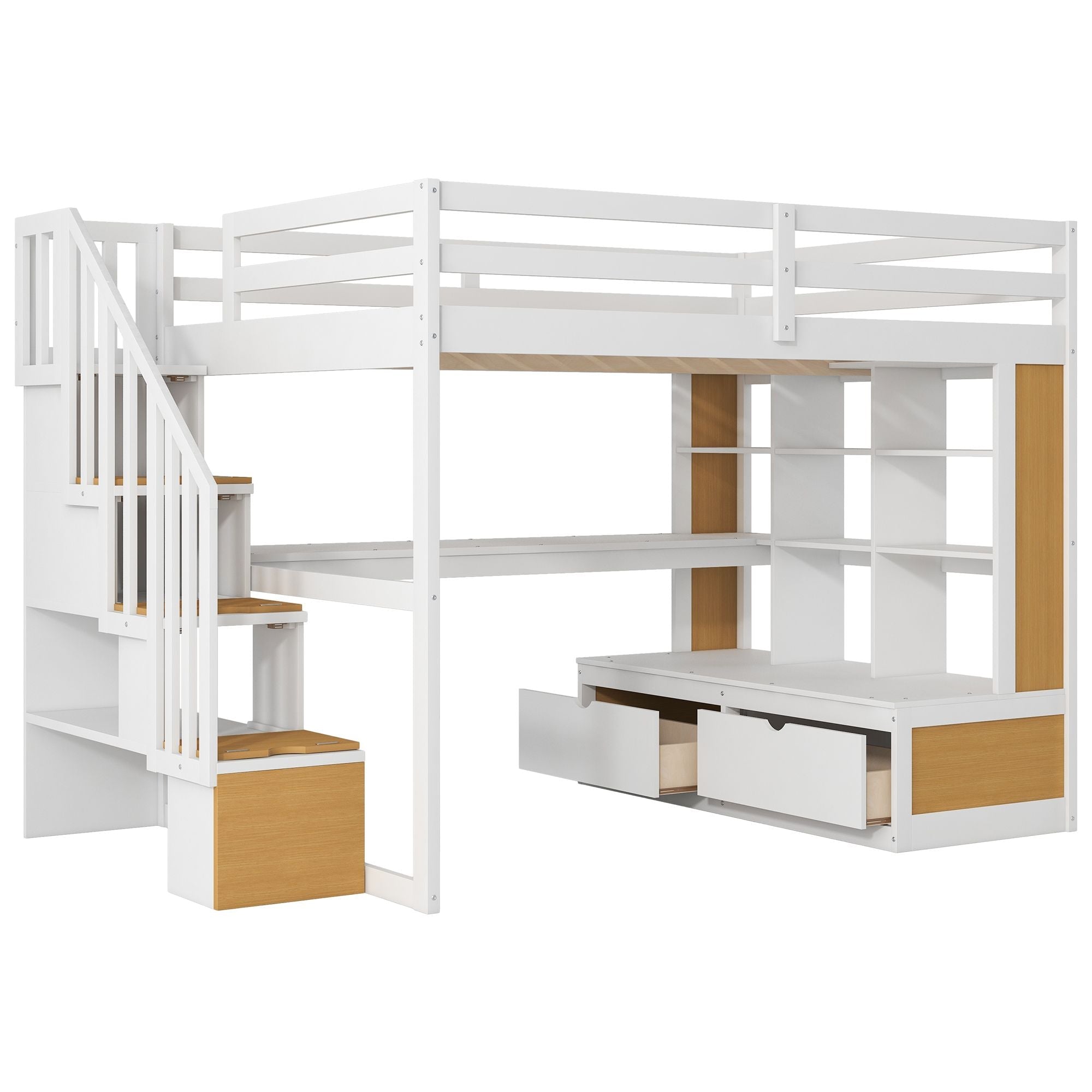 Full-Size Wood Loft Bed with Desk, Shelves, Drawers, Storage Staircase White and Natural | Just Better Bunk Beds