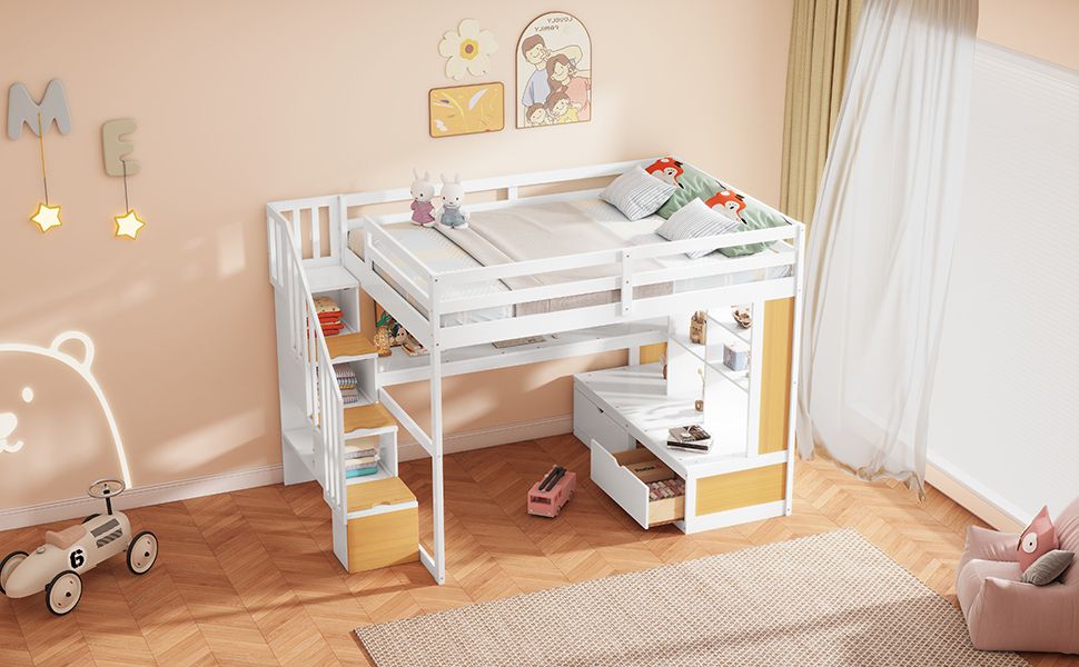 Full-Size Wood Loft Bed with Desk, Shelves, Drawers, Storage Staircase White and Natural | Just Better Bunk Beds