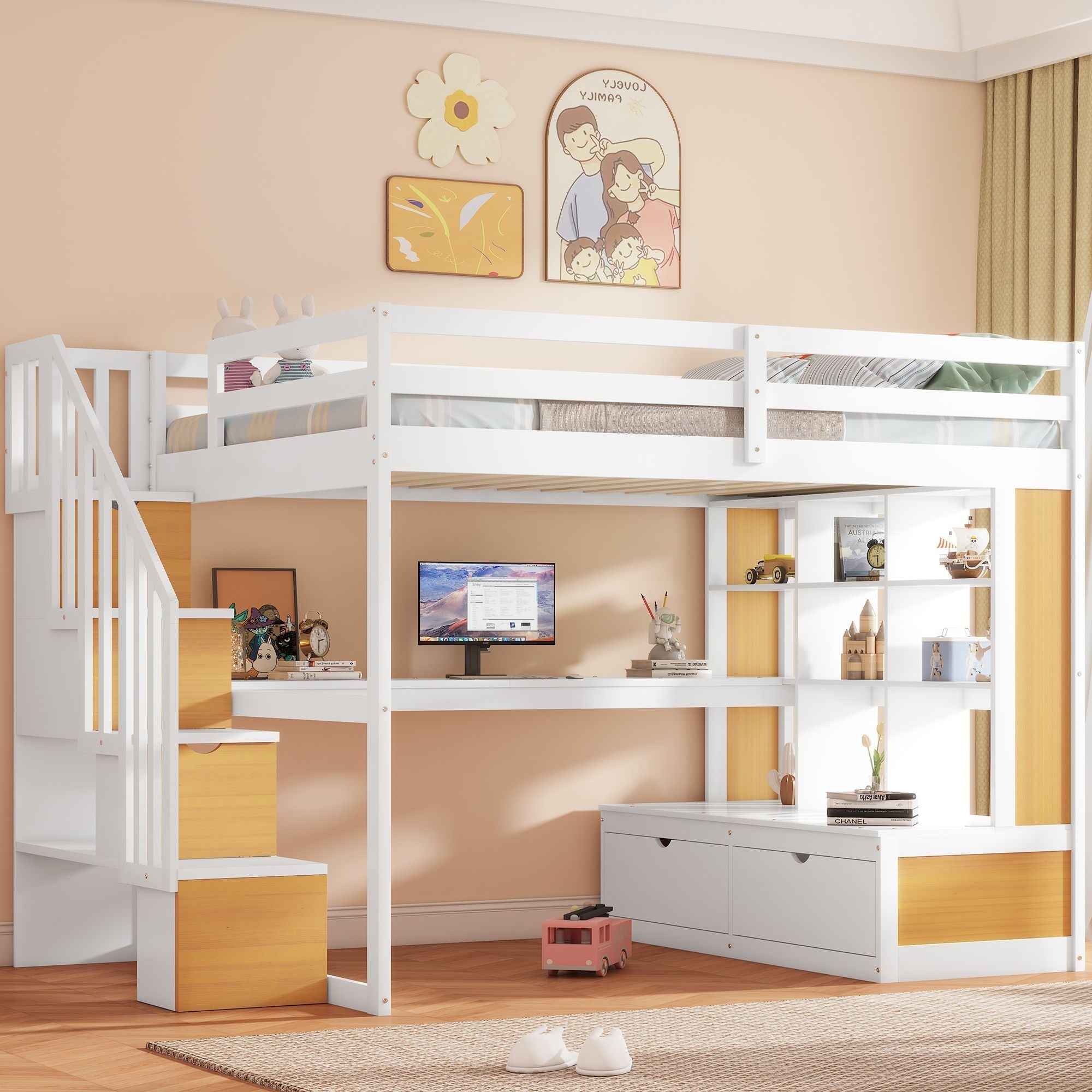 Full-Size Wood Loft Bed with Desk, Shelves, Drawers, Storage Staircase White and Natural | Just Better Bunk Beds