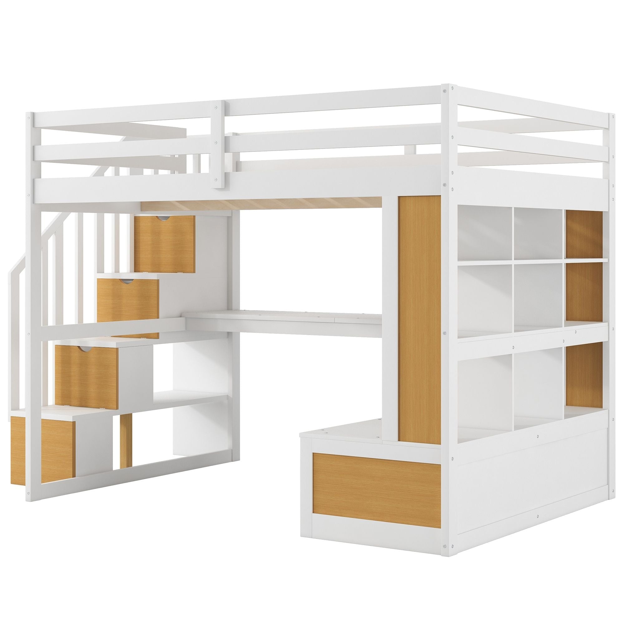 Full-Size Wood Loft Bed with Desk, Shelves, Drawers, Storage Staircase White and Natural | Just Better Bunk Beds