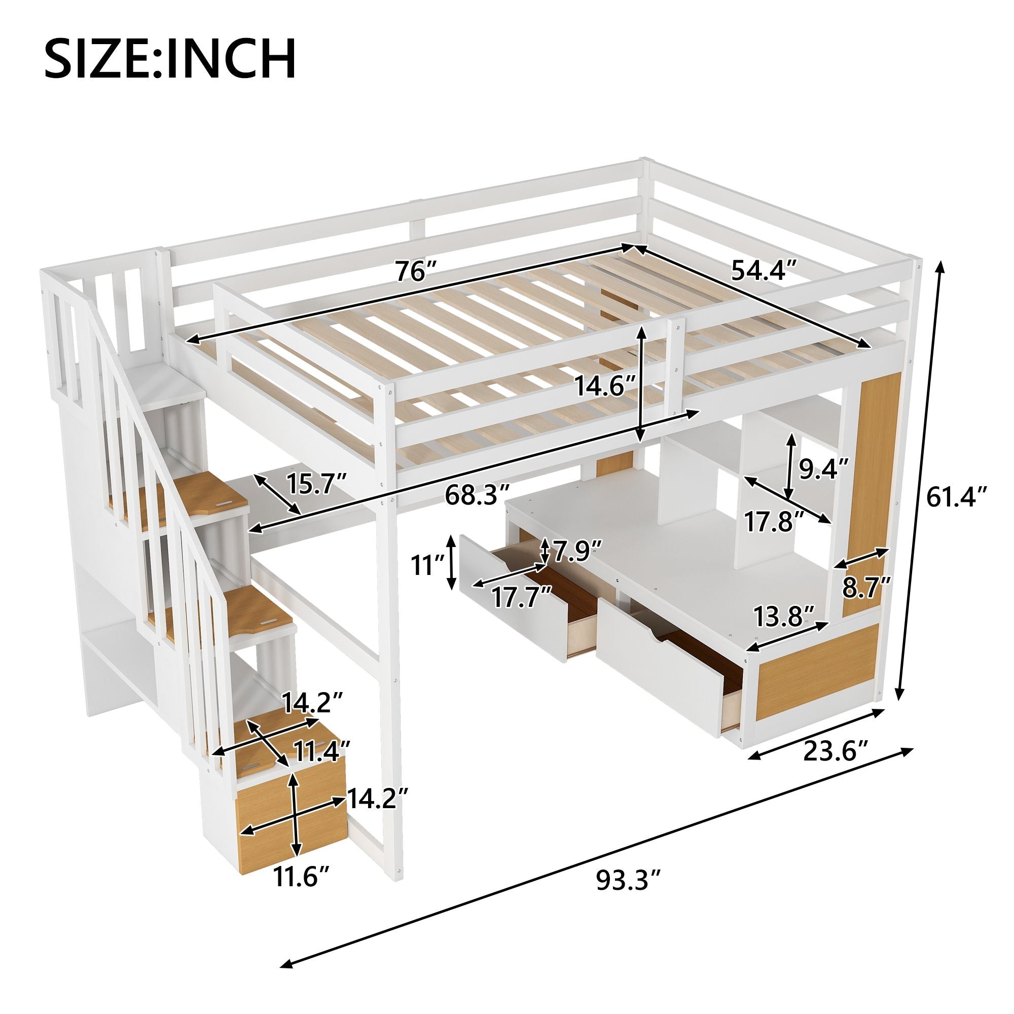 Full-Size Wood Loft Bed with Desk, Shelves, Drawers, Storage Staircase White and Natural | Just Better Bunk Beds
