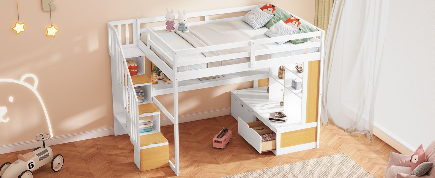 Full-Size Wood Loft Bed with Desk, Shelves, Drawers, Storage Staircase White and Natural | Just Better Bunk Beds