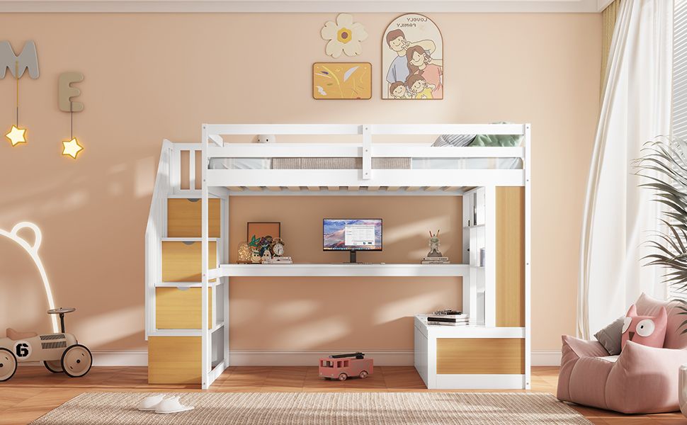 Full-Size Wood Loft Bed with Desk, Shelves, Drawers, Storage Staircase White and Natural | Just Better Bunk Beds