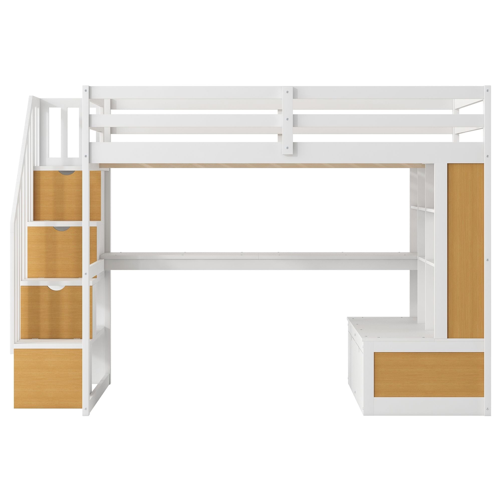 Full-Size Wood Loft Bed with Desk, Shelves, Drawers, Storage Staircase White and Natural | Just Better Bunk Beds