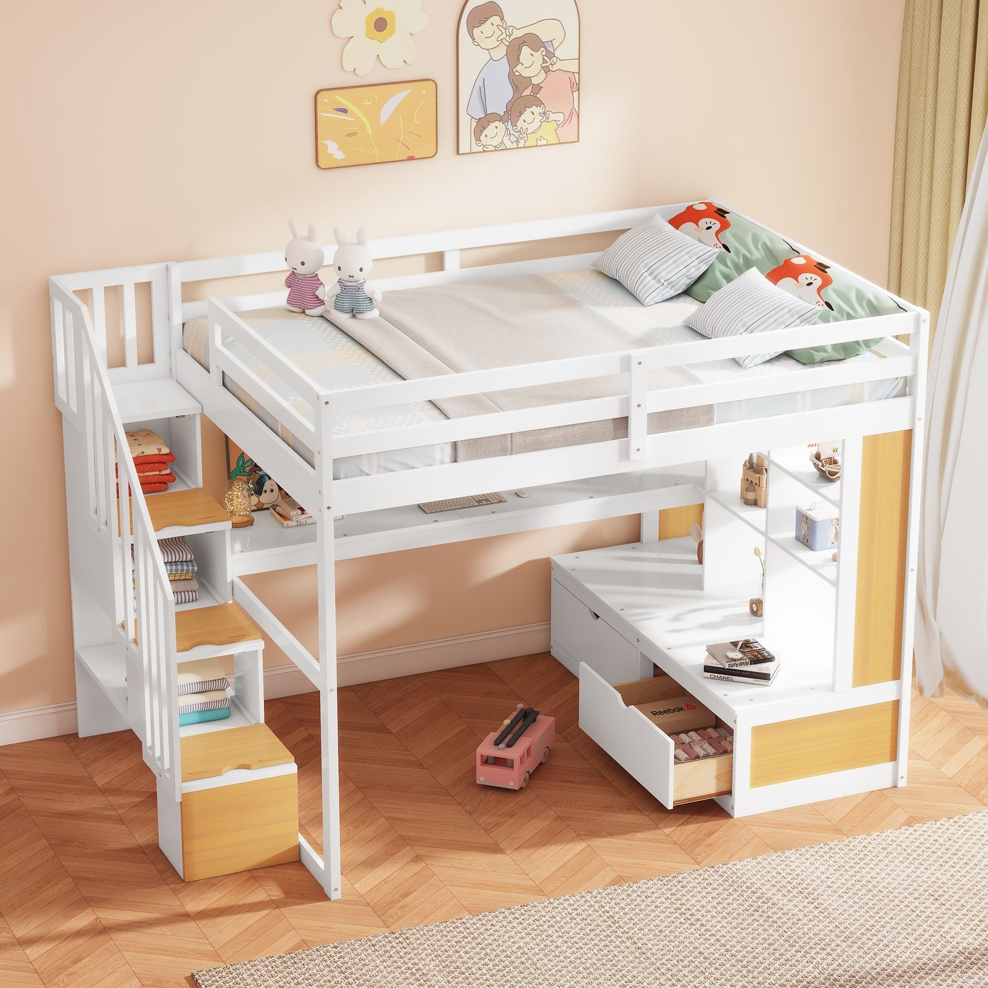 Full-Size Wood Loft Bed with Desk, Shelves, Drawers, Storage Staircase White and Natural | Just Better Bunk Beds