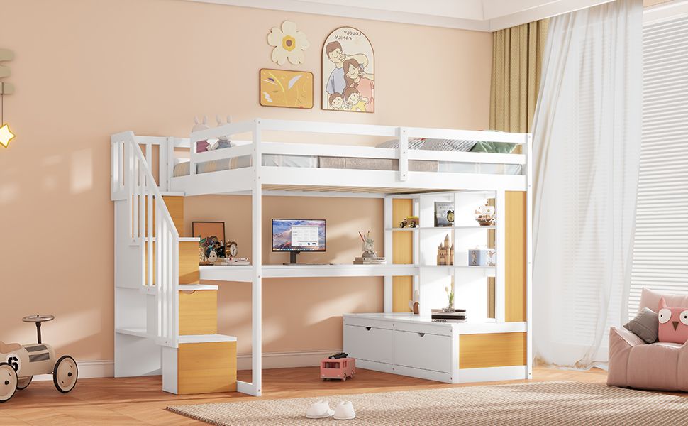 Full-Size Wood Loft Bed with Desk, Shelves, Drawers, Storage Staircase White and Natural | Just Better Bunk Beds