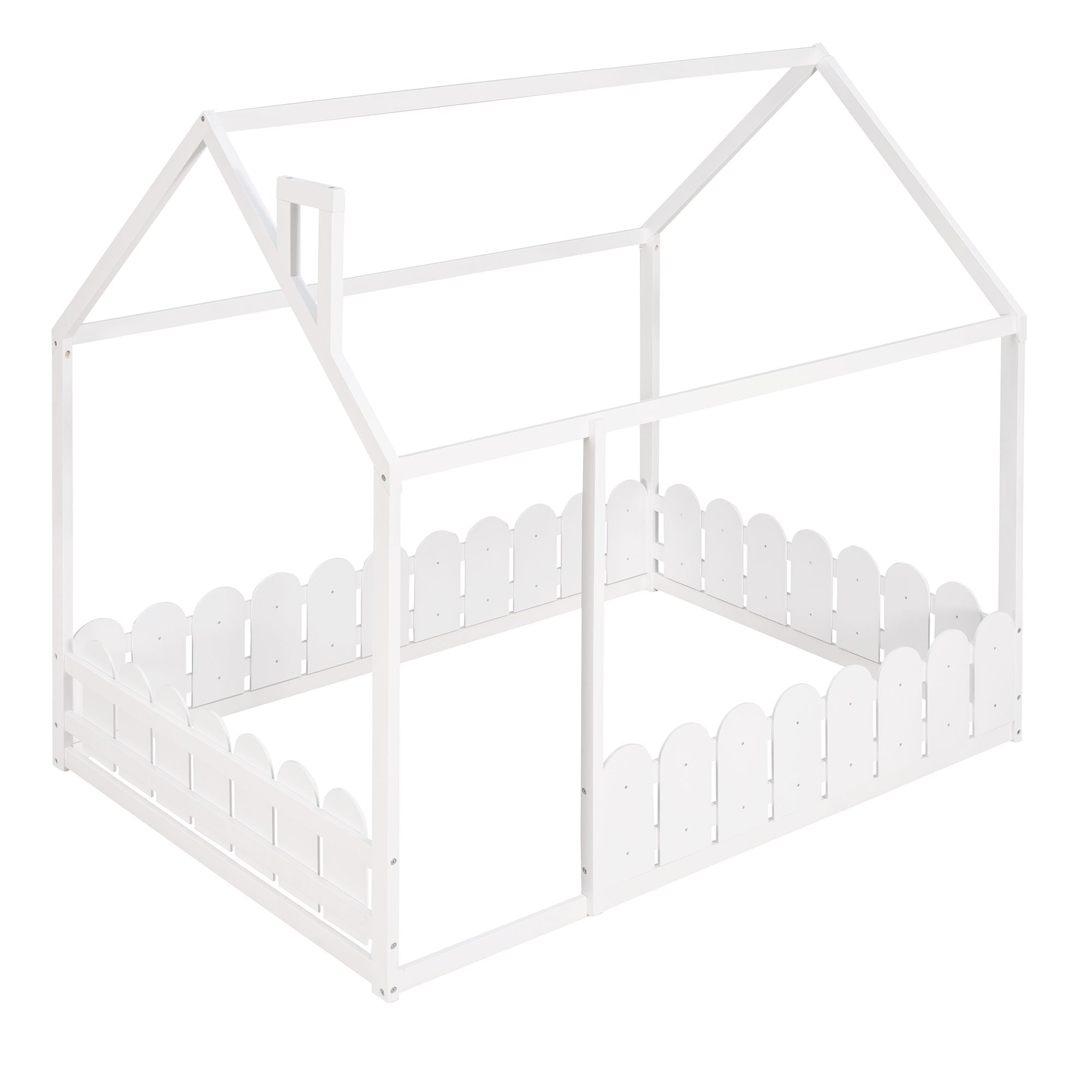Full-Size Wooden Kids Bed with Protective Fence, House-Shaped Design in White, Gray, Espresso | Just Better Bunk Beds