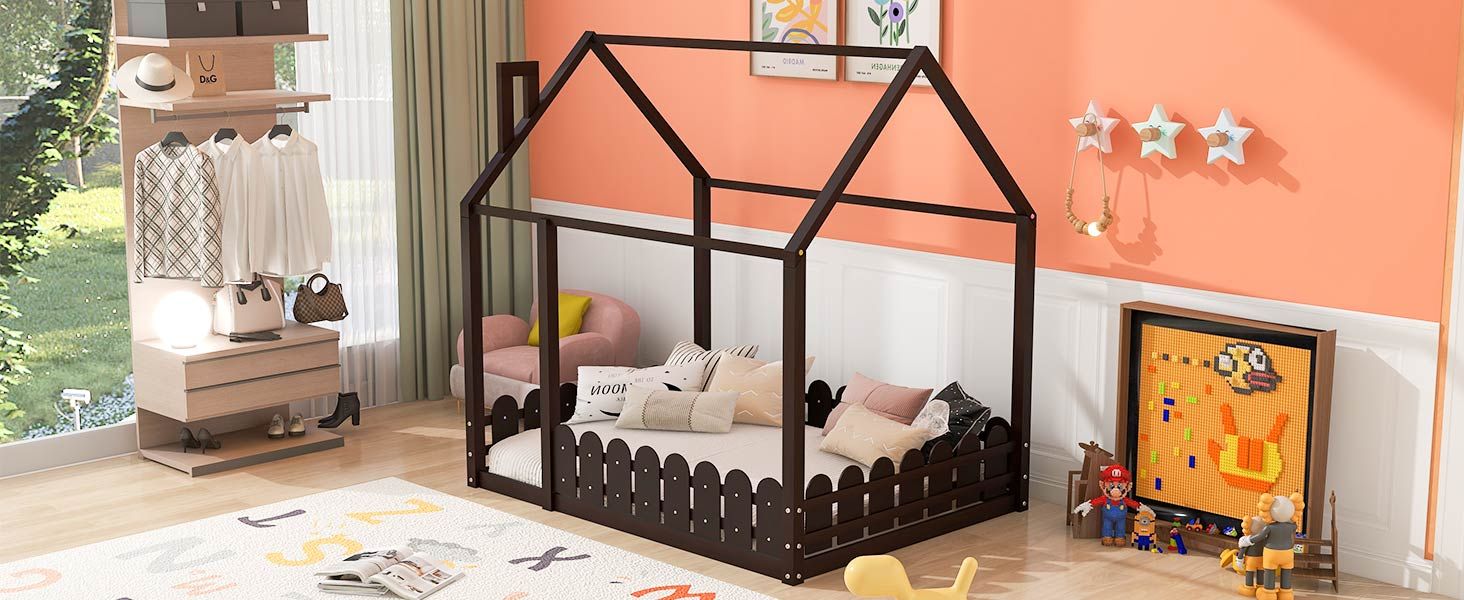 Full-Size Wooden Kids Bed with Protective Fence, House-Shaped Design in White, Gray, Espresso | Just Better Bunk Beds