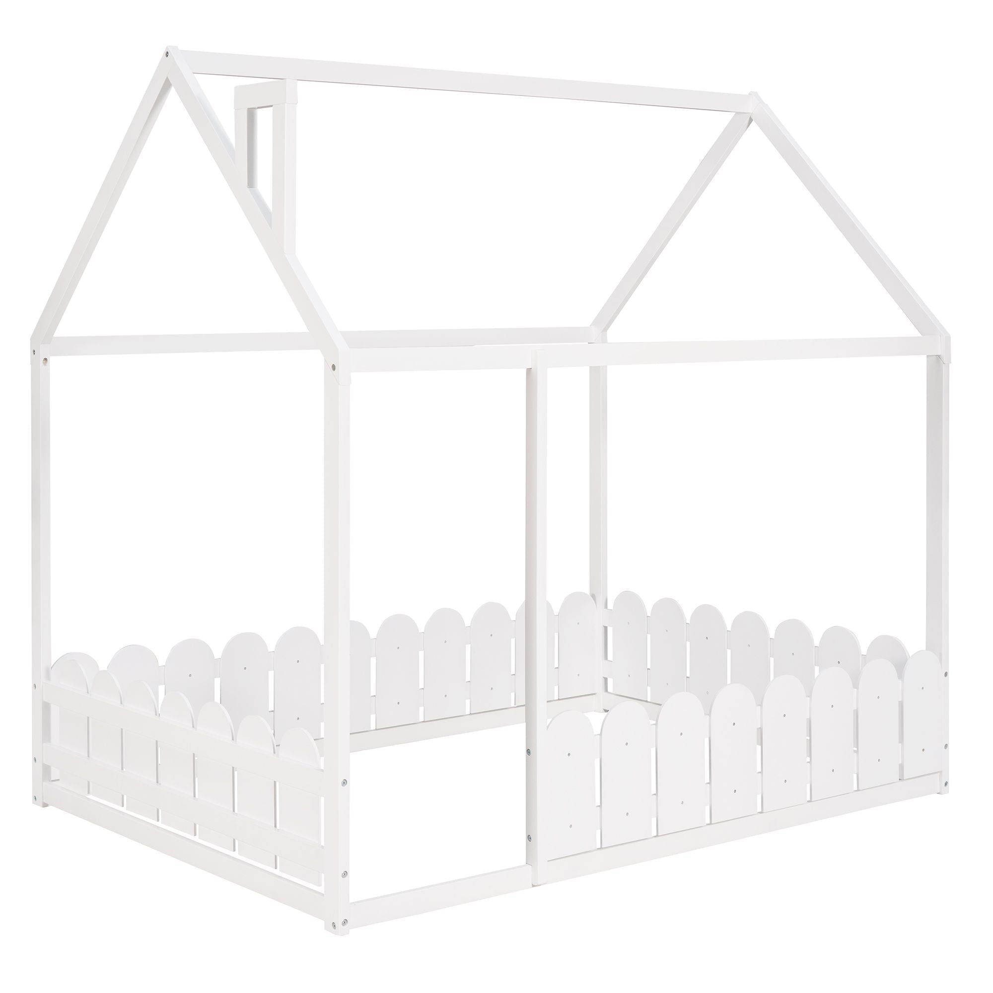 Full-Size Wooden Kids Bed with Protective Fence, House-Shaped Design in White, Gray, Espresso | Just Better Bunk Beds