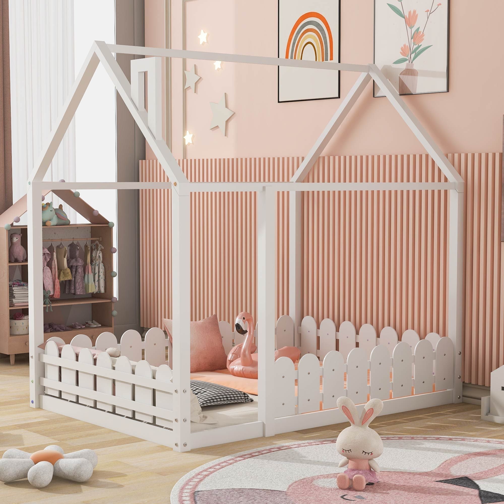 Full-Size Wooden Kids Bed with Protective Fence, House-Shaped Design in White, Gray, Espresso | Just Better Bunk Beds
