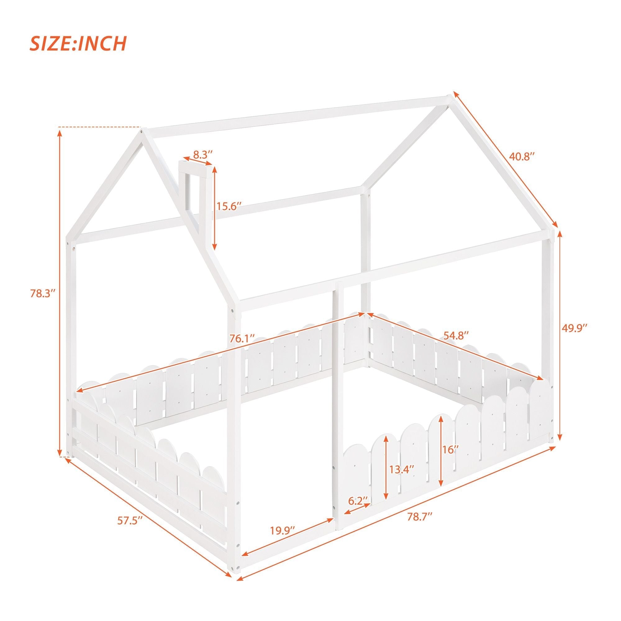 Full-Size Wooden Kids Bed with Protective Fence, House-Shaped Design in White, Gray, Espresso | Just Better Bunk Beds
