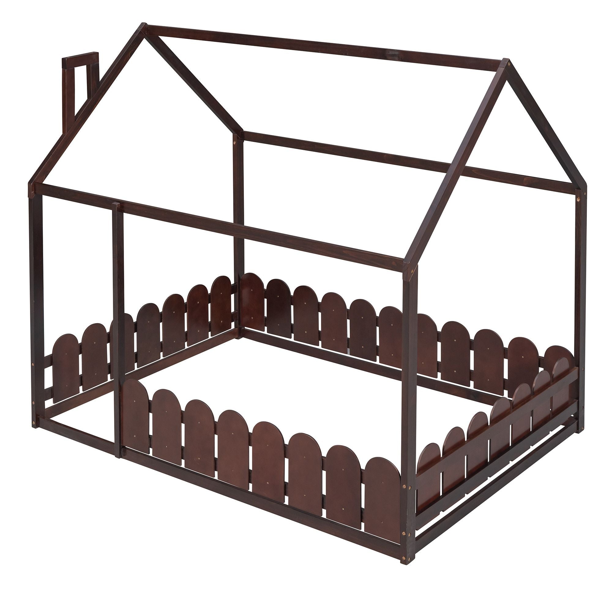 Full-Size Wooden Kids Bed with Protective Fence, House-Shaped Design in White, Gray, Espresso | Just Better Bunk Beds