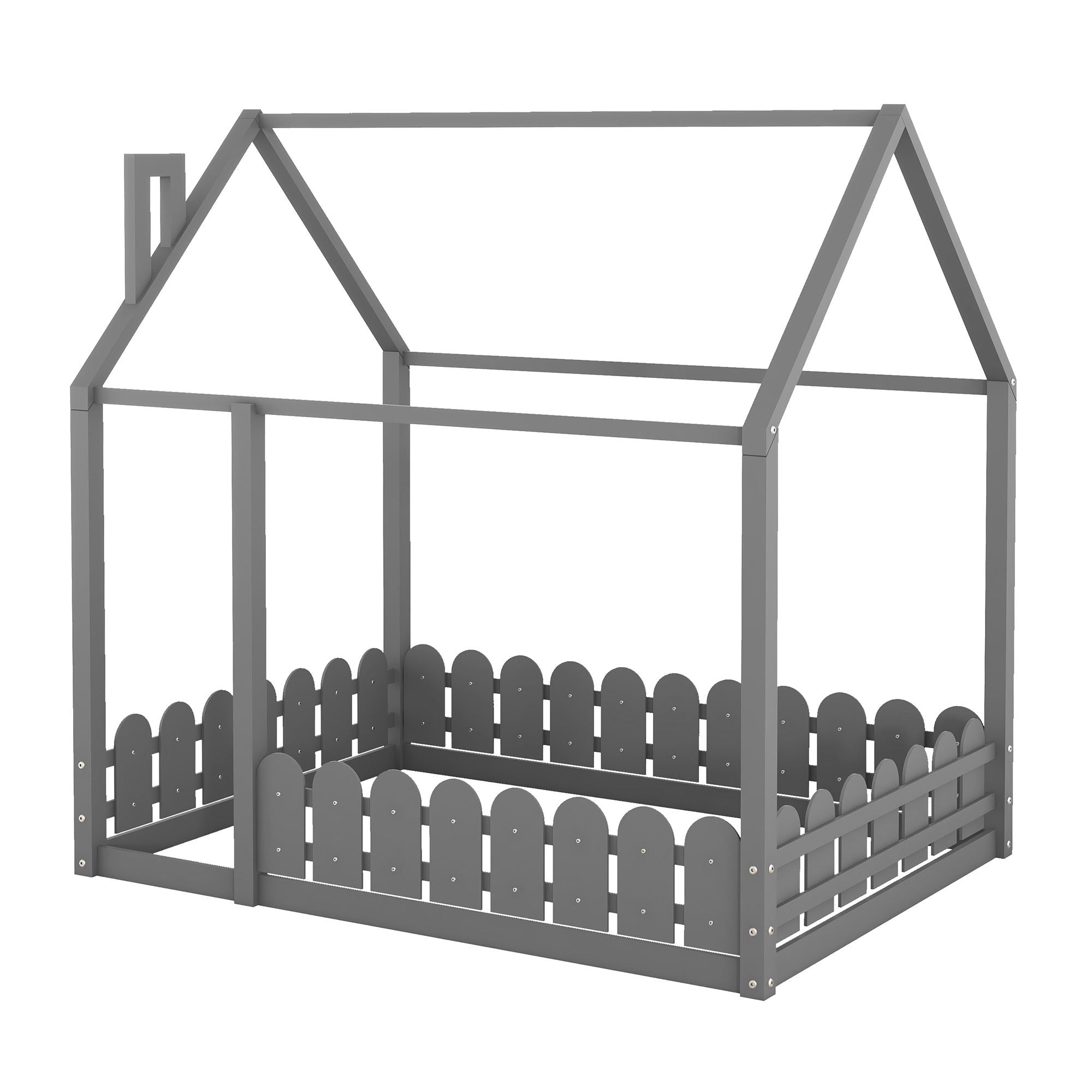 Full-Size Wooden Kids Bed with Protective Fence, House-Shaped Design in White, Gray, Espresso | Just Better Bunk Beds