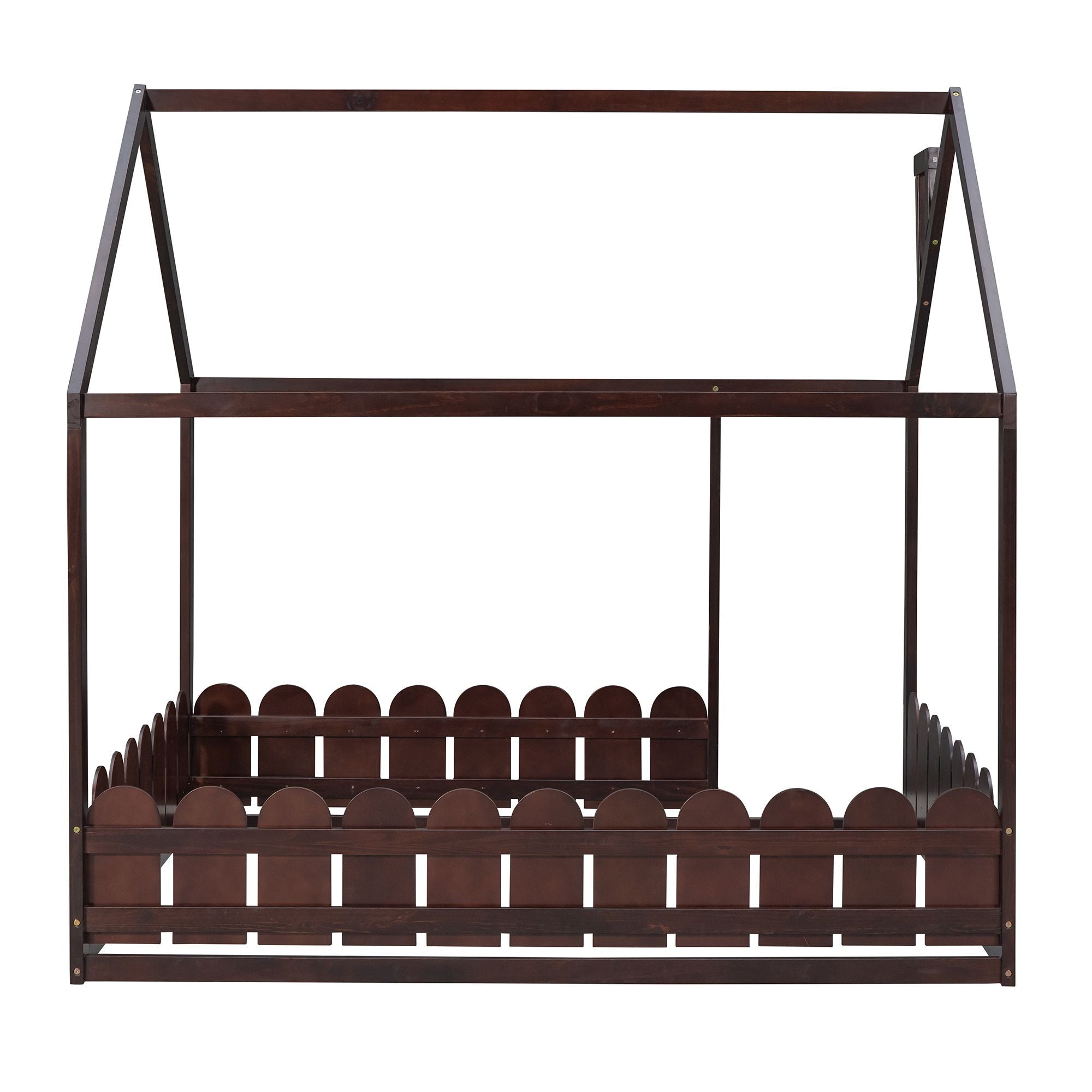 Full-Size Wooden Kids Bed with Protective Fence, House-Shaped Design in White, Gray, Espresso | Just Better Bunk Beds