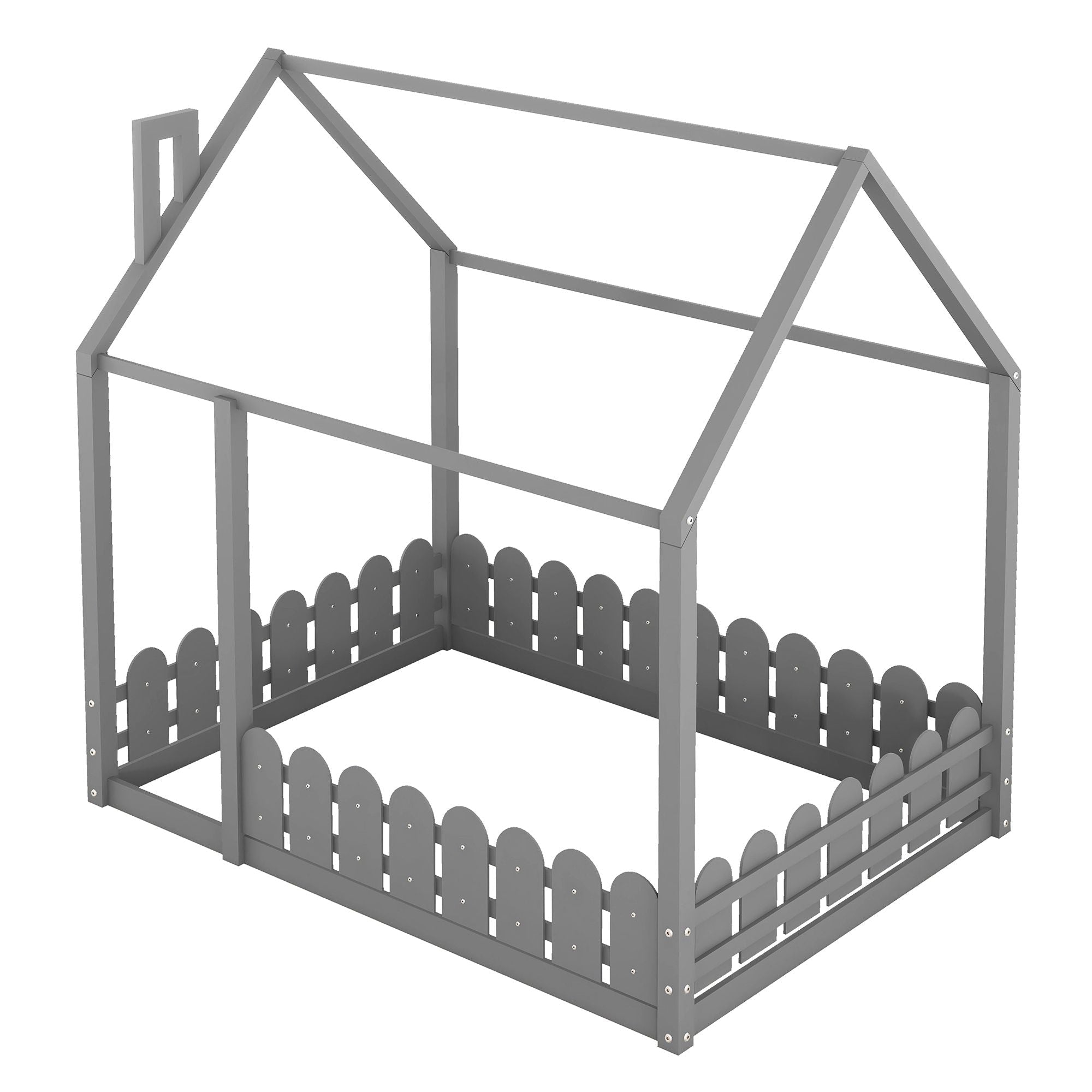 Full-Size Wooden Kids Bed with Protective Fence, House-Shaped Design in White, Gray, Espresso | Just Better Bunk Beds