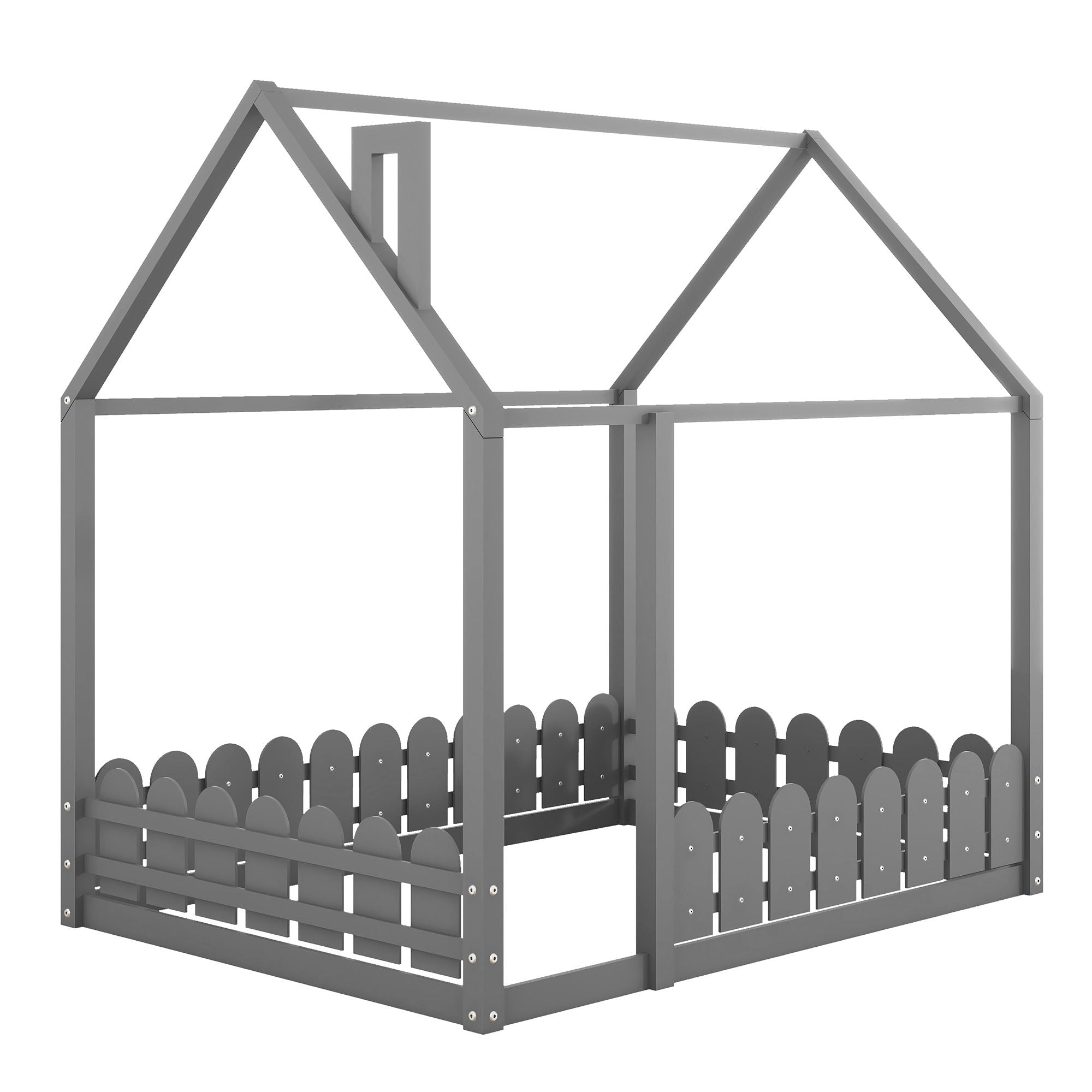 Full-Size Wooden Kids Bed with Protective Fence, House-Shaped Design in White, Gray, Espresso | Just Better Bunk Beds
