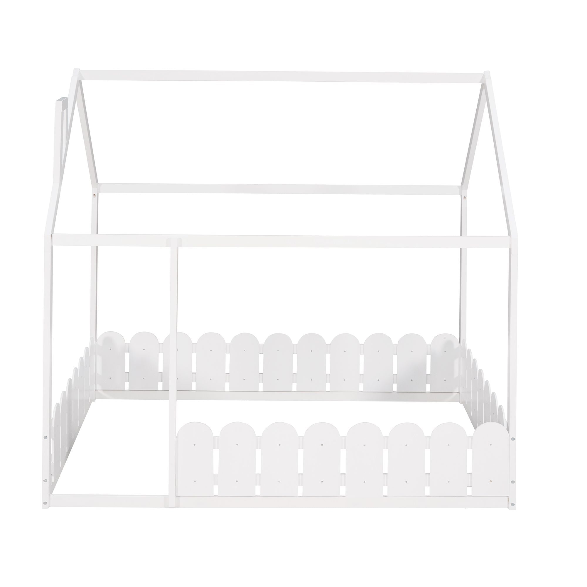 Full-Size Wooden Kids Bed with Protective Fence, House-Shaped Design in White, Gray, Espresso | Just Better Bunk Beds
