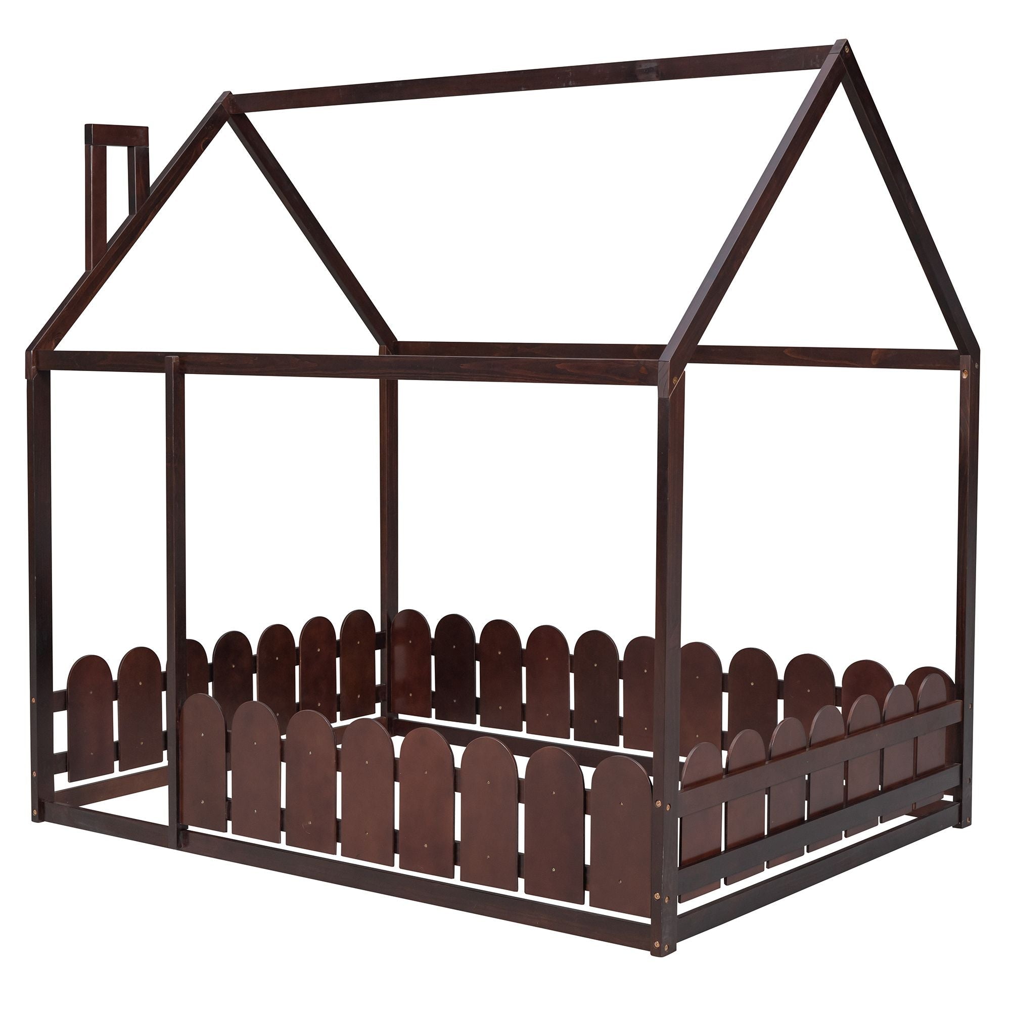 Full-Size Wooden Kids Bed with Protective Fence, House-Shaped Design in White, Gray, Espresso | Just Better Bunk Beds