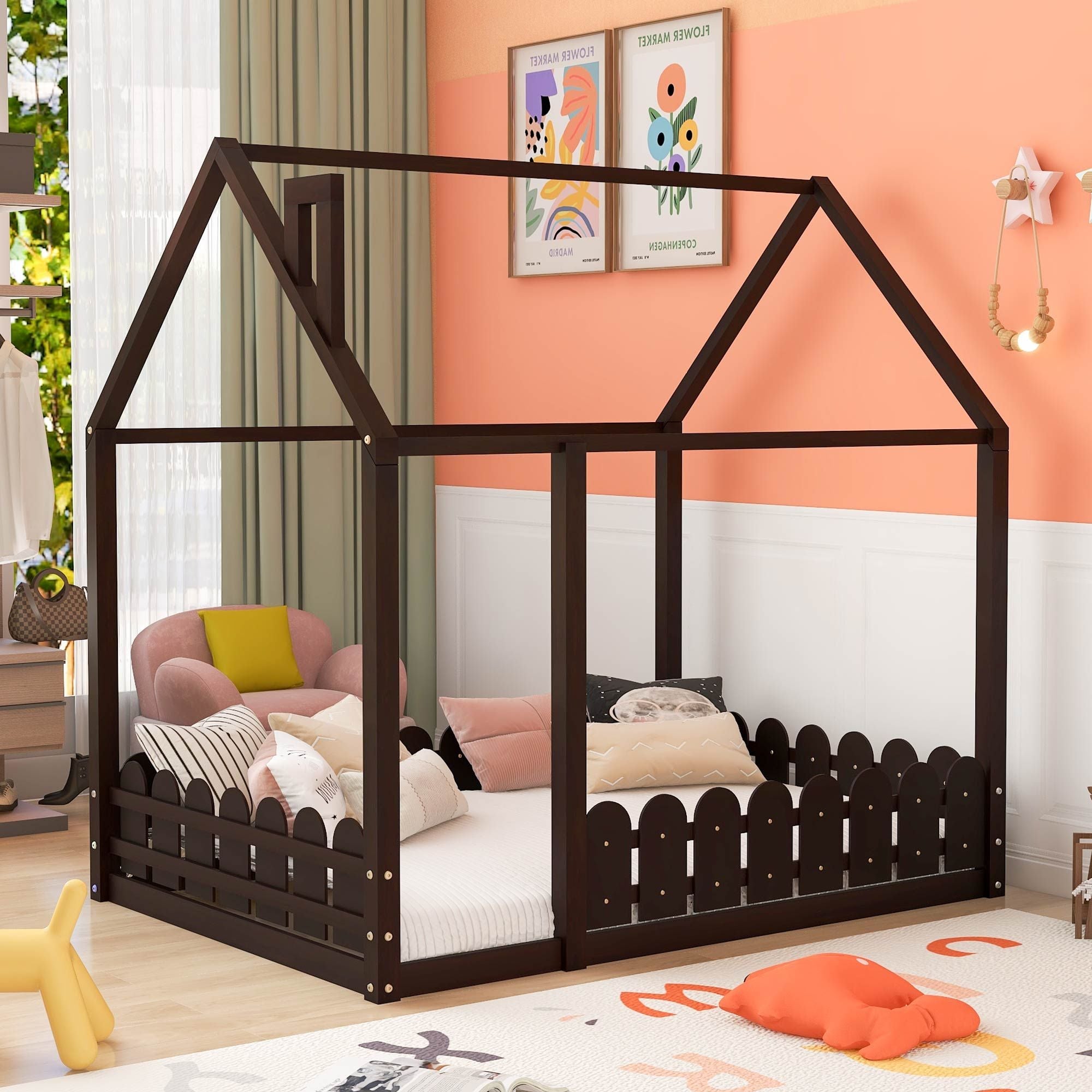 Full-Size Wooden Kids Bed with Protective Fence, House-Shaped Design in White, Gray, Espresso | Just Better Bunk Beds