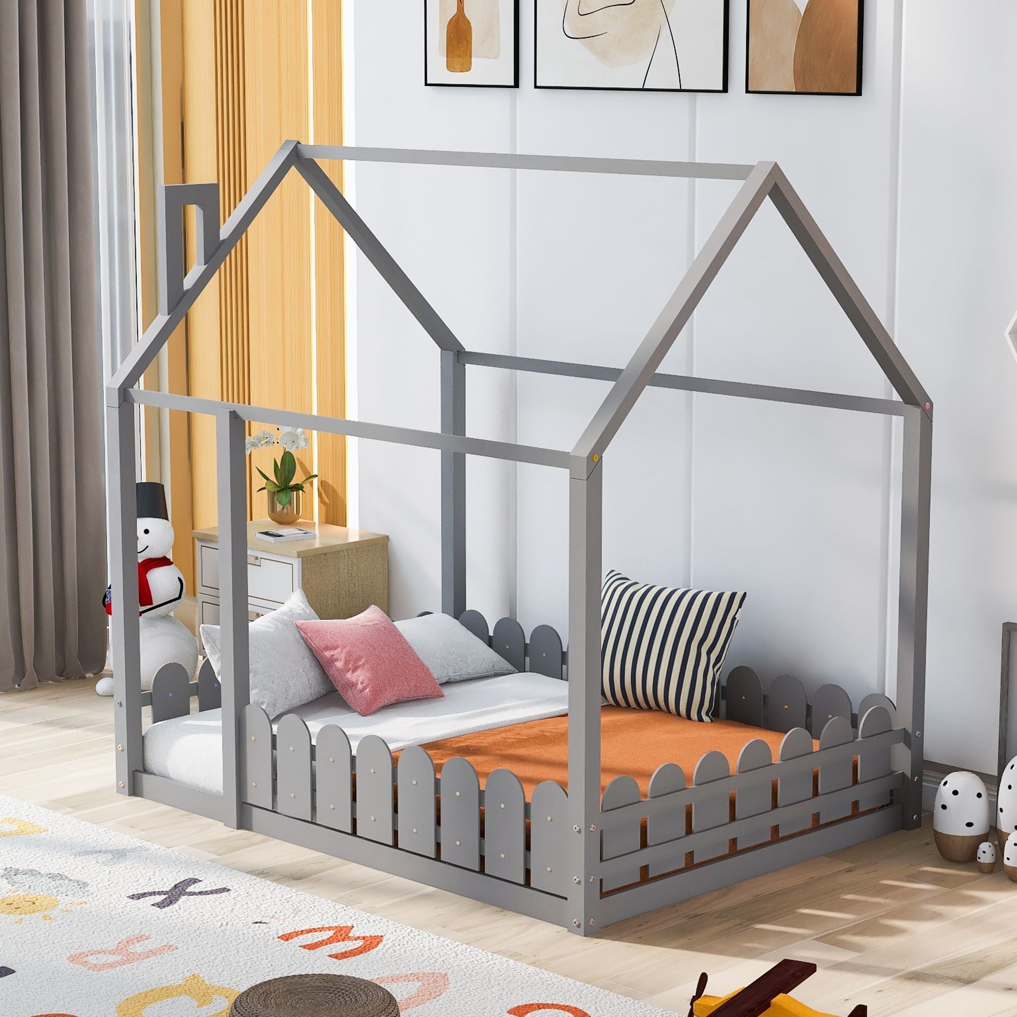 Full-Size Wooden Kids Bed with Protective Fence, House-Shaped Design in White, Gray, Espresso | Just Better Bunk Beds