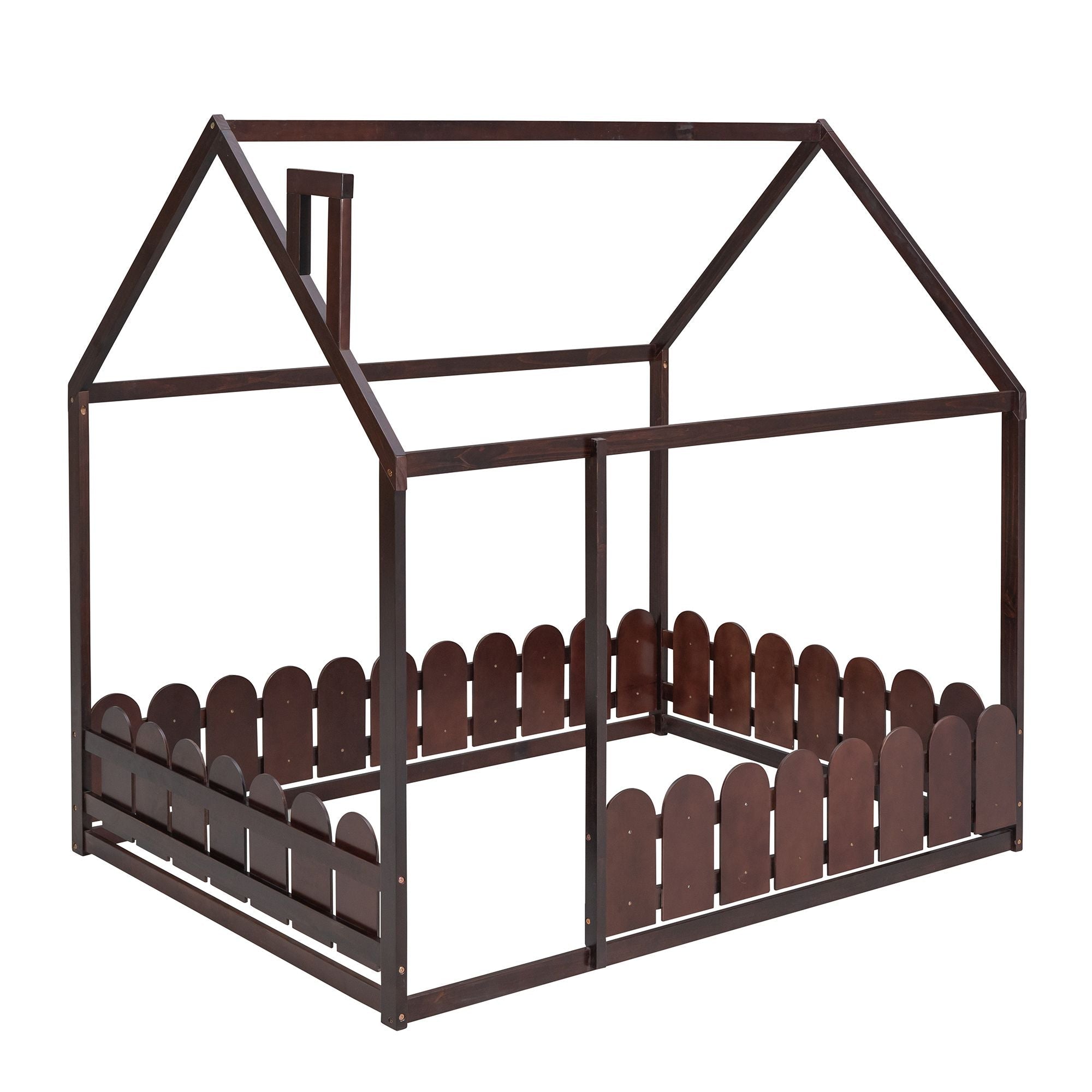 Full-Size Wooden Kids Bed with Protective Fence, House-Shaped Design in White, Gray, Espresso | Just Better Bunk Beds