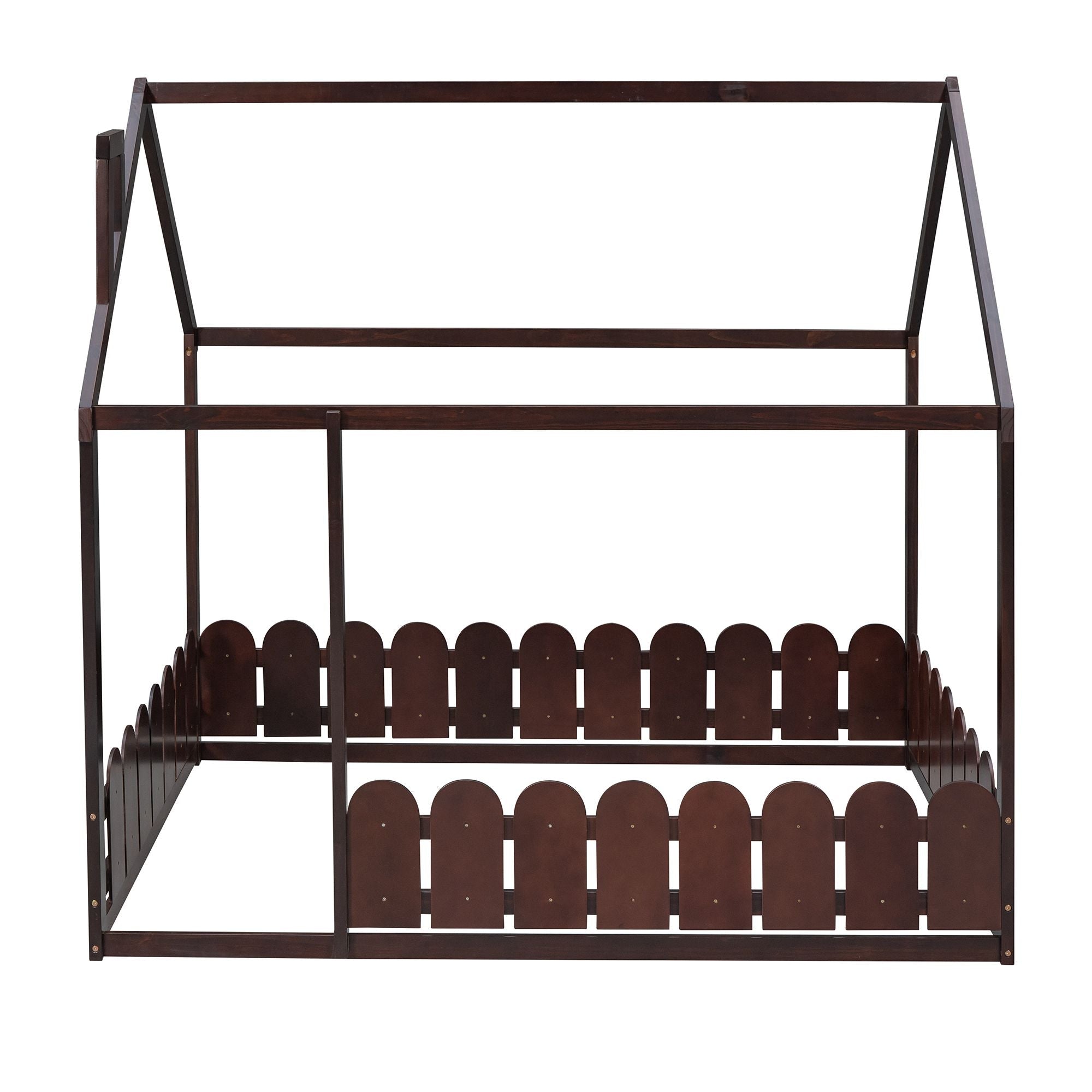Full-Size Wooden Kids Bed with Protective Fence, House-Shaped Design in White, Gray, Espresso | Just Better Bunk Beds