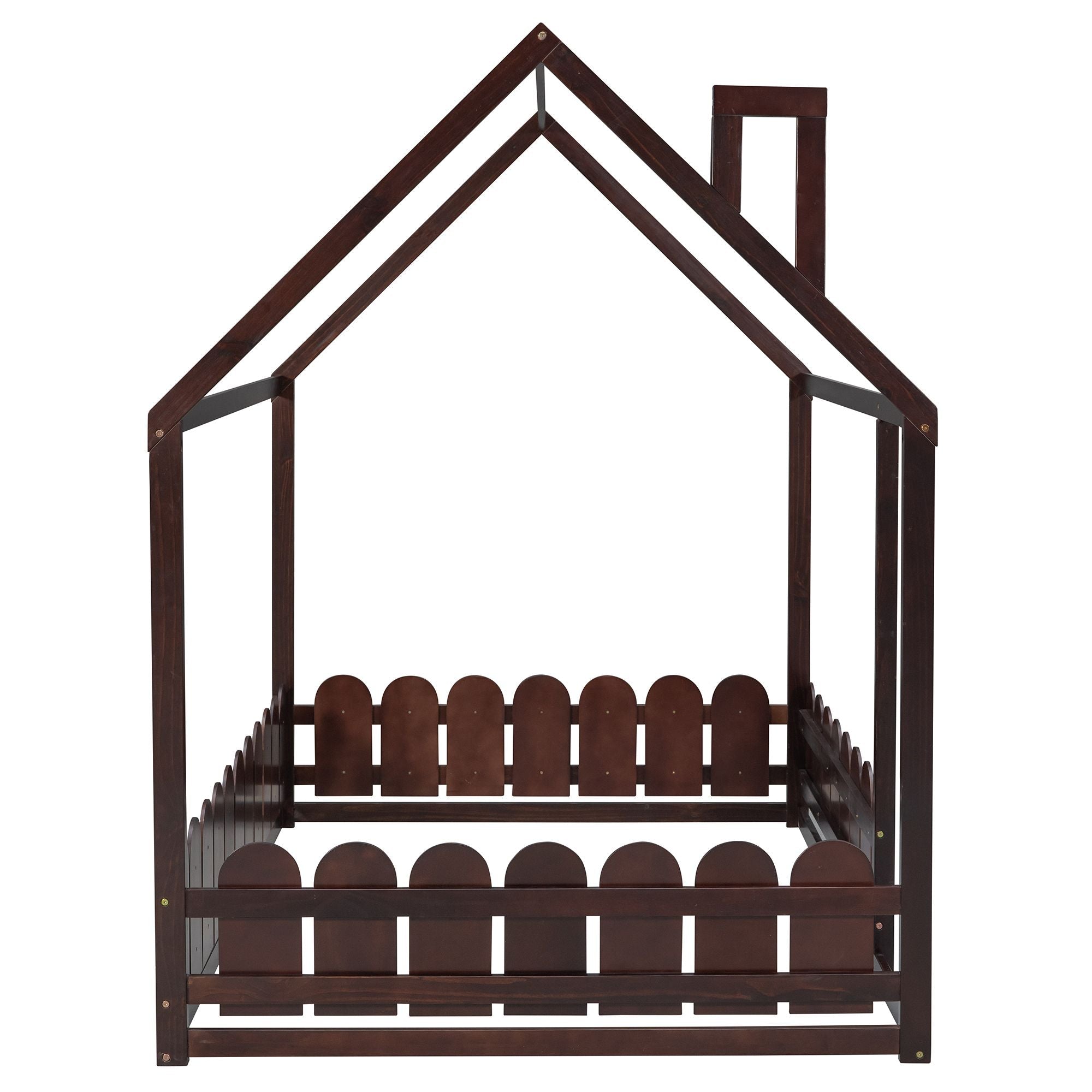 Full-Size Wooden Kids Bed with Protective Fence, House-Shaped Design in White, Gray, Espresso | Just Better Bunk Beds