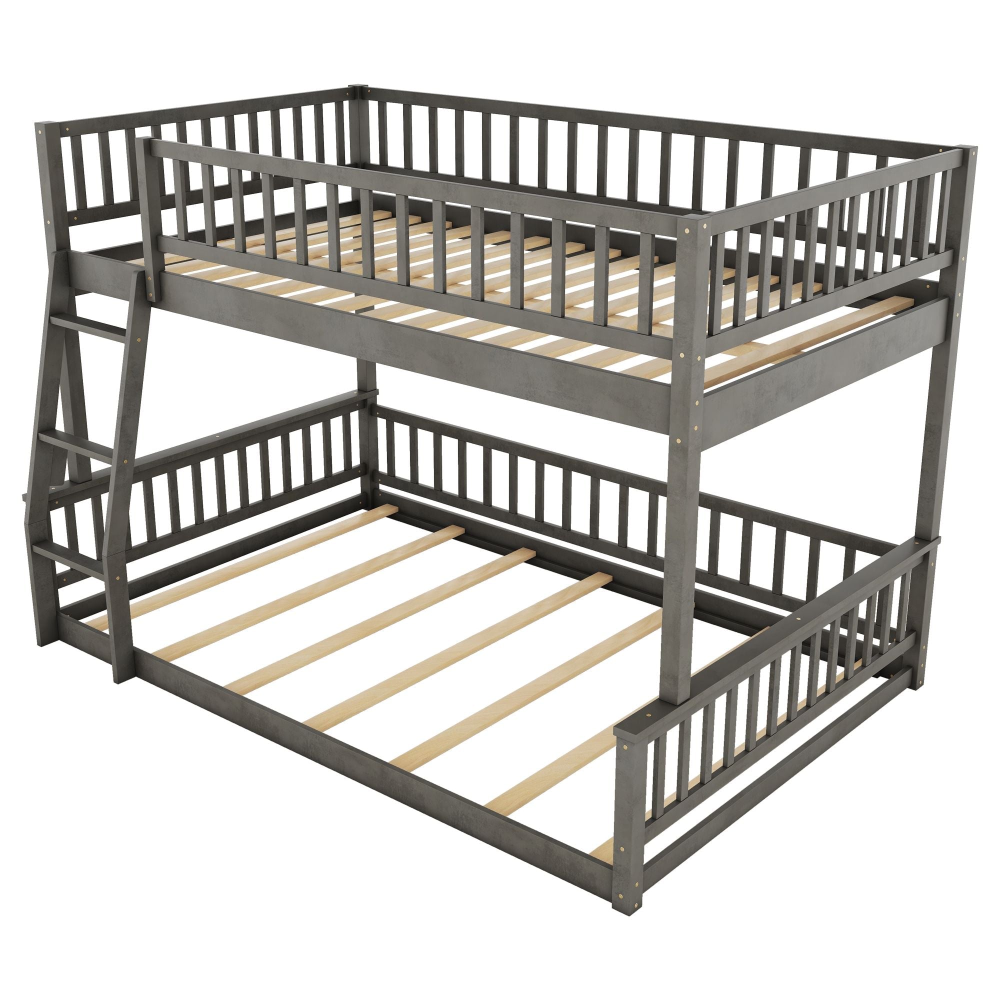 Full XL Over Queen Wood Bunk Bed with Ladder and Guardrails, Gray | Just Better Bunk Beds