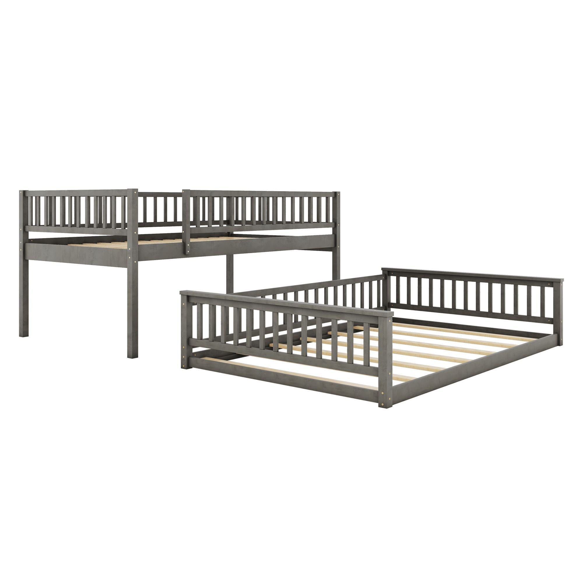 Full XL Over Queen Wood Bunk Bed with Ladder and Guardrails, Gray | Just Better Bunk Beds