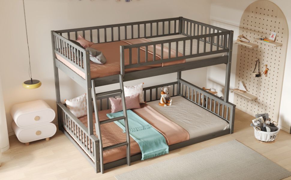 Full XL Over Queen Wood Bunk Bed with Ladder and Guardrails, Gray | Just Better Bunk Beds