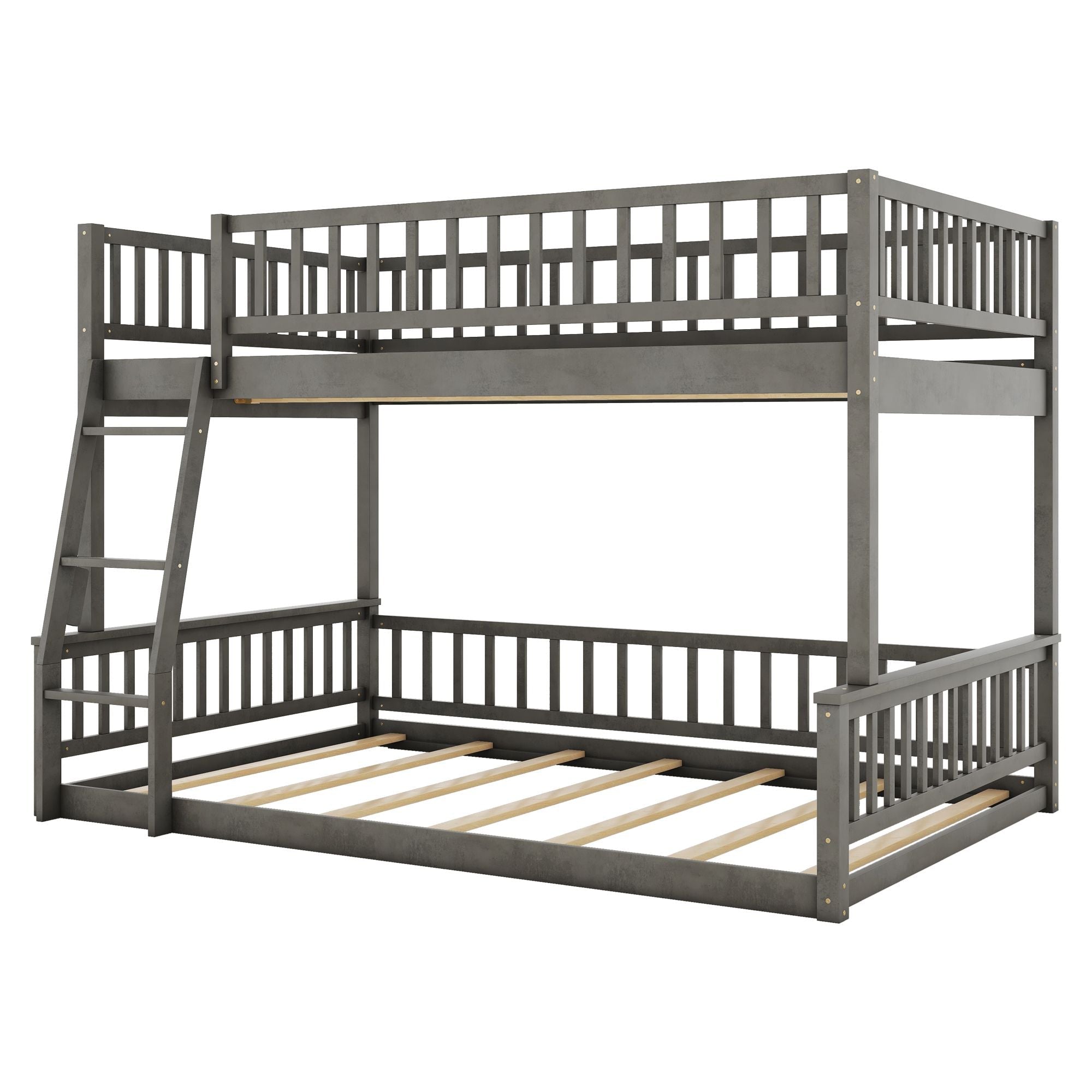 Full XL Over Queen Wood Bunk Bed with Ladder and Guardrails, Gray | Just Better Bunk Beds