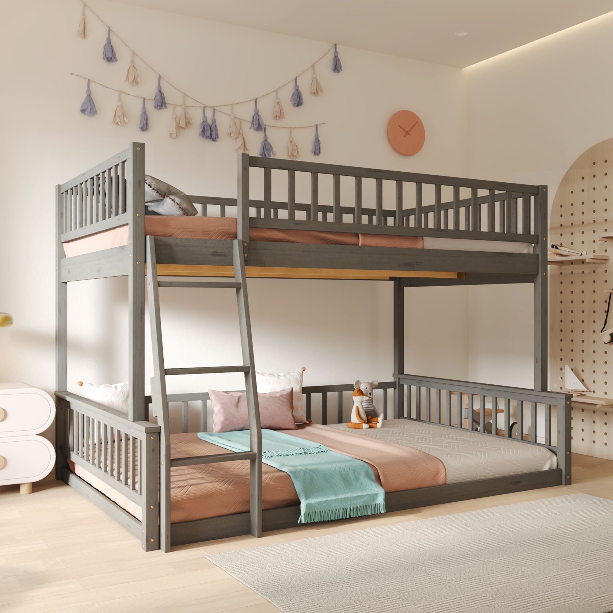 Full XL Over Queen Wood Bunk Bed with Ladder and Guardrails, Gray | Just Better Bunk Beds